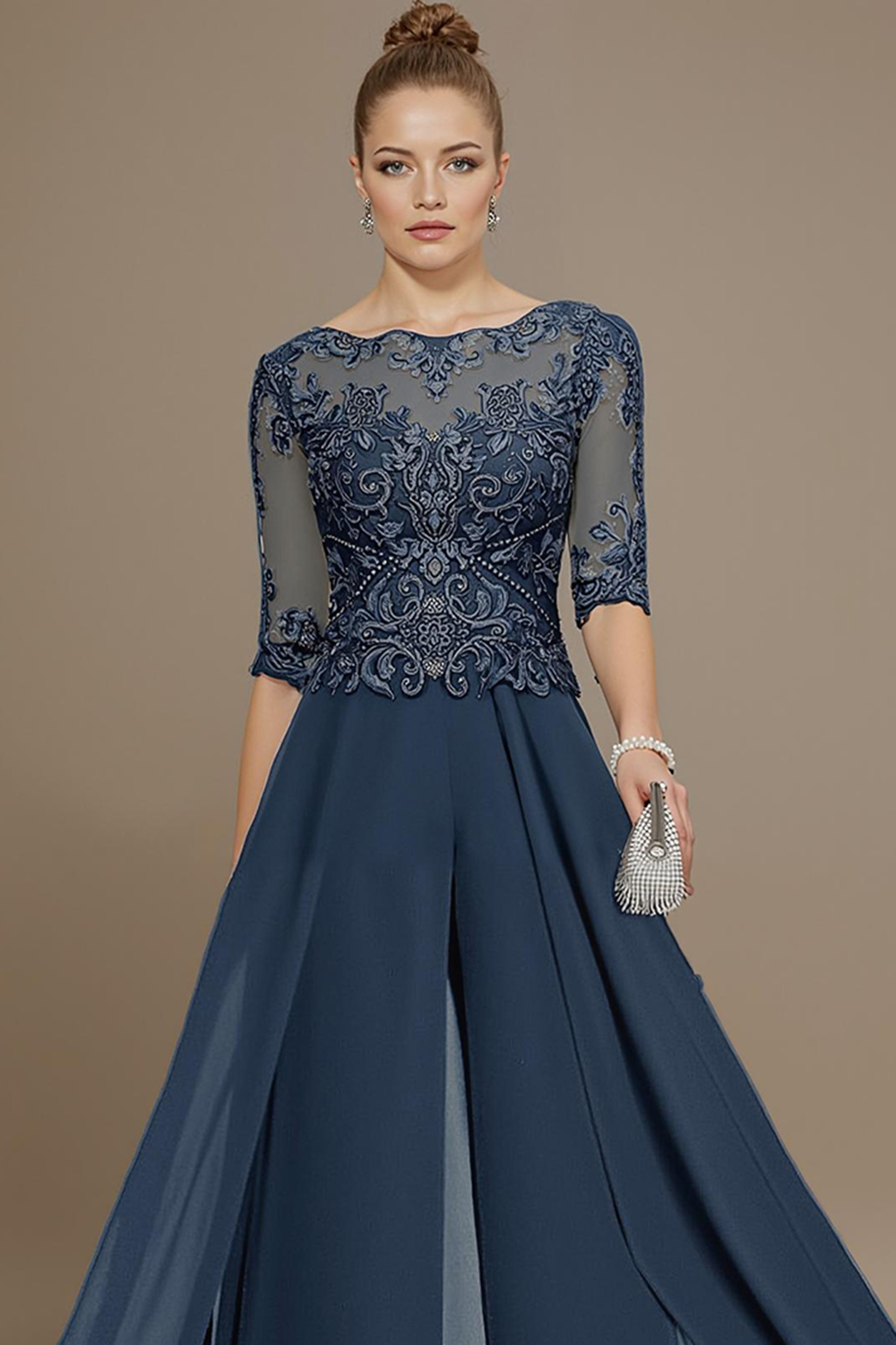 Eucalyptus Boat Neck Mother of the Bride Jumpsuit with Cape