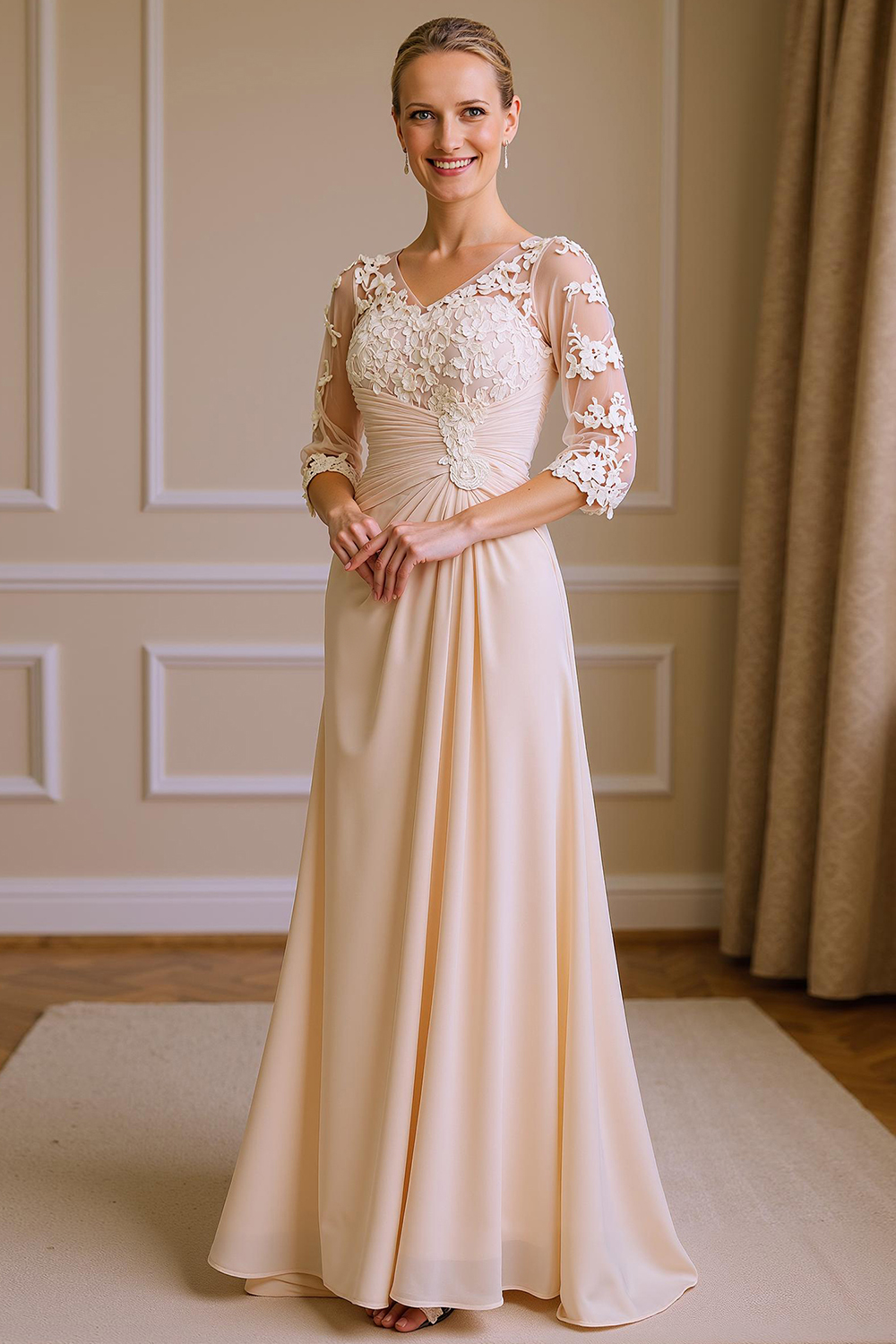 Apricot V-Neck Sheath Floor-Length Mother of the Bride Dress