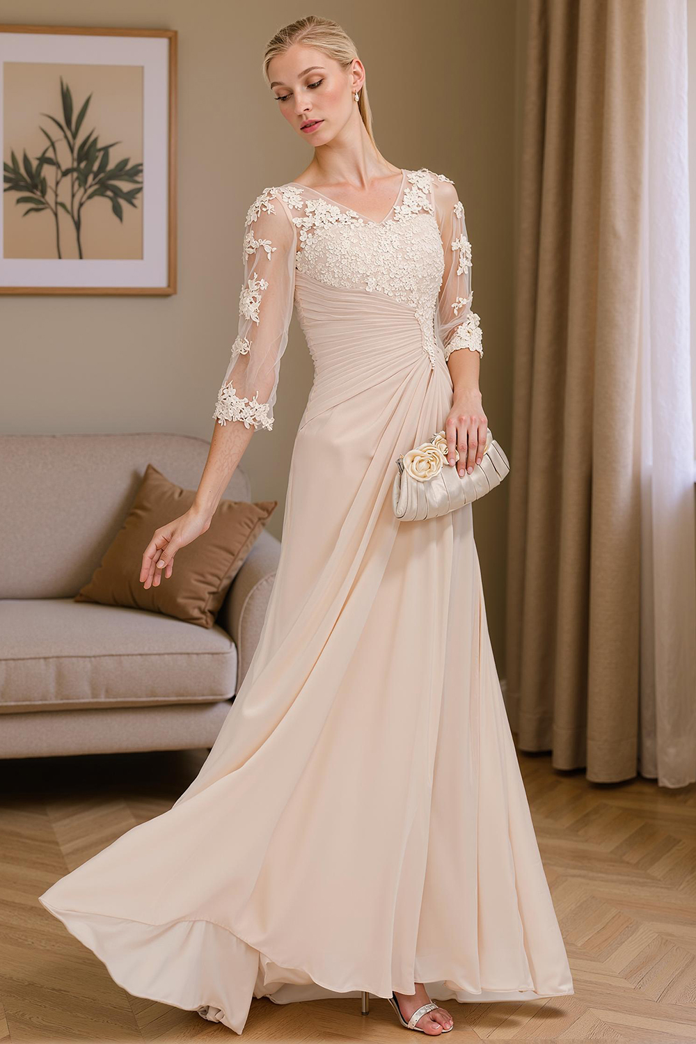 Apricot V-Neck Sheath Floor-Length Mother of the Bride Dress