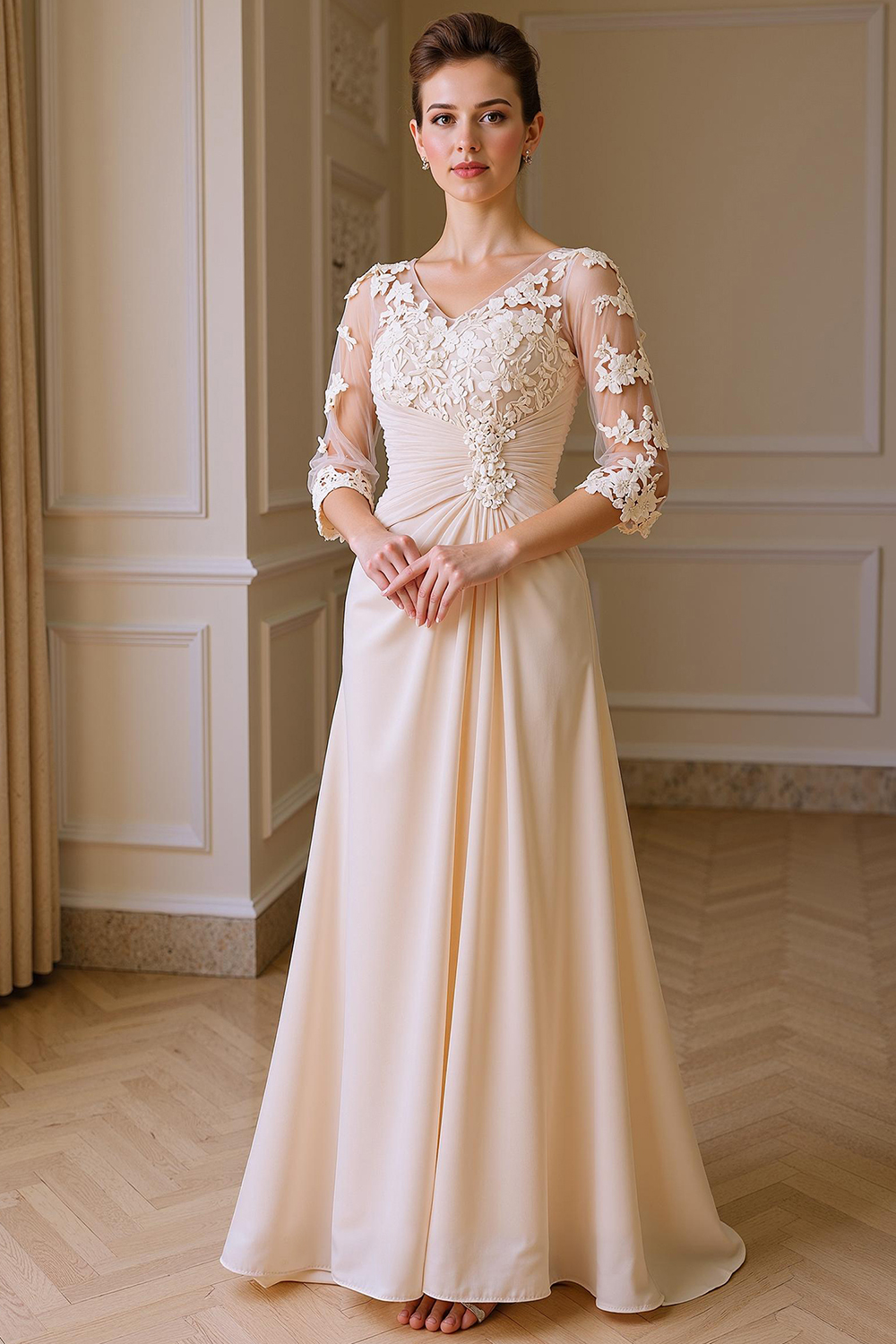 Apricot V-Neck Sheath Floor-Length Mother of the Bride Dress