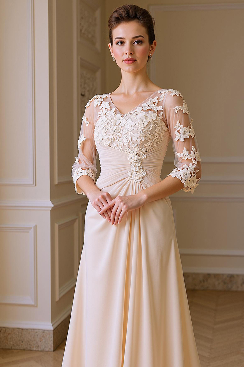 Apricot V-Neck Sheath Floor-Length Mother of the Bride Dress