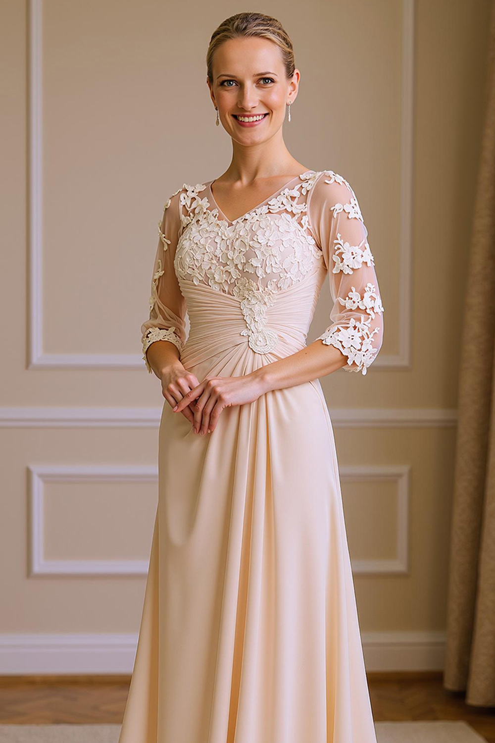 Apricot V-Neck Sheath Floor-Length Mother of the Bride Dress