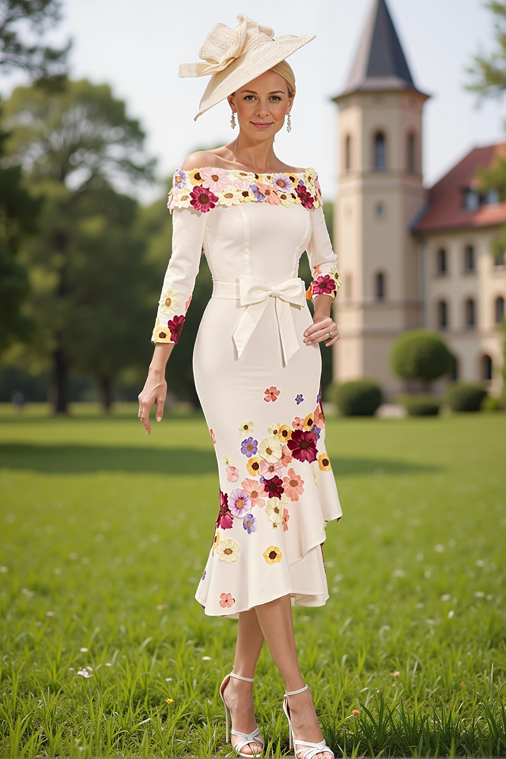 White Flower Off the Shoulder Tea-Length Mother of the Bride Dress
