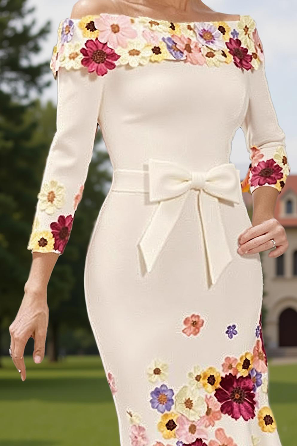 White Flower Off the Shoulder Tea-Length Mother of the Bride Dress