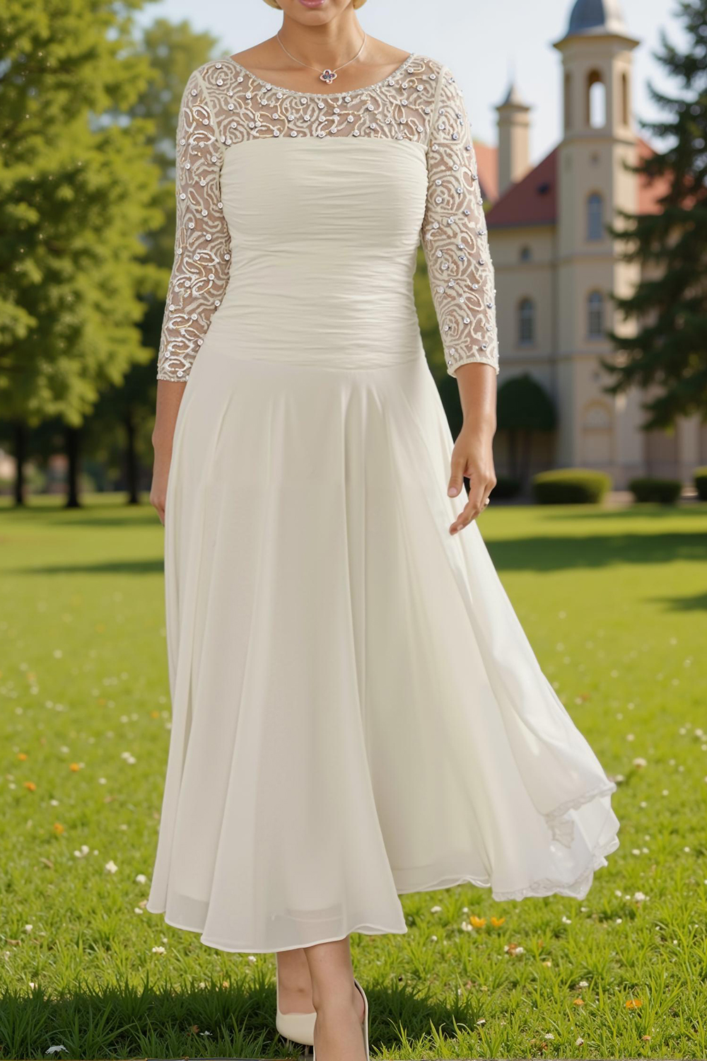 Sparkly White A Line Boat Neck Ankle-Length Mother of the Bride Dress