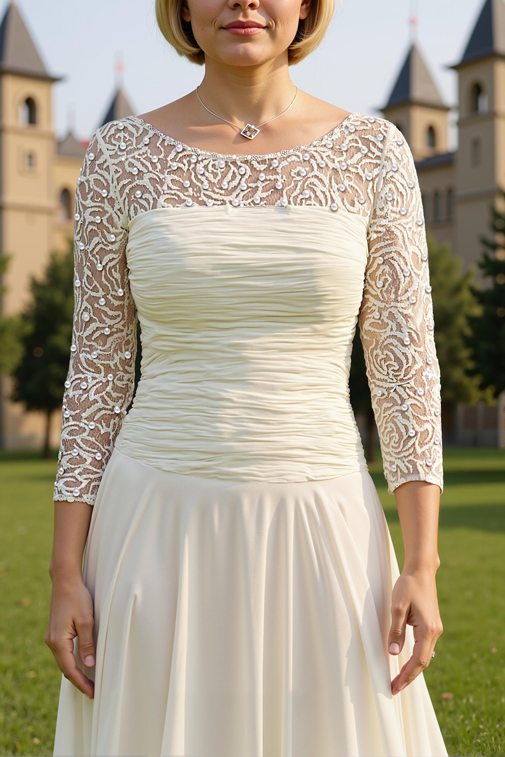 Sparkly White A Line Boat Neck Ankle-Length Mother of the Bride Dress