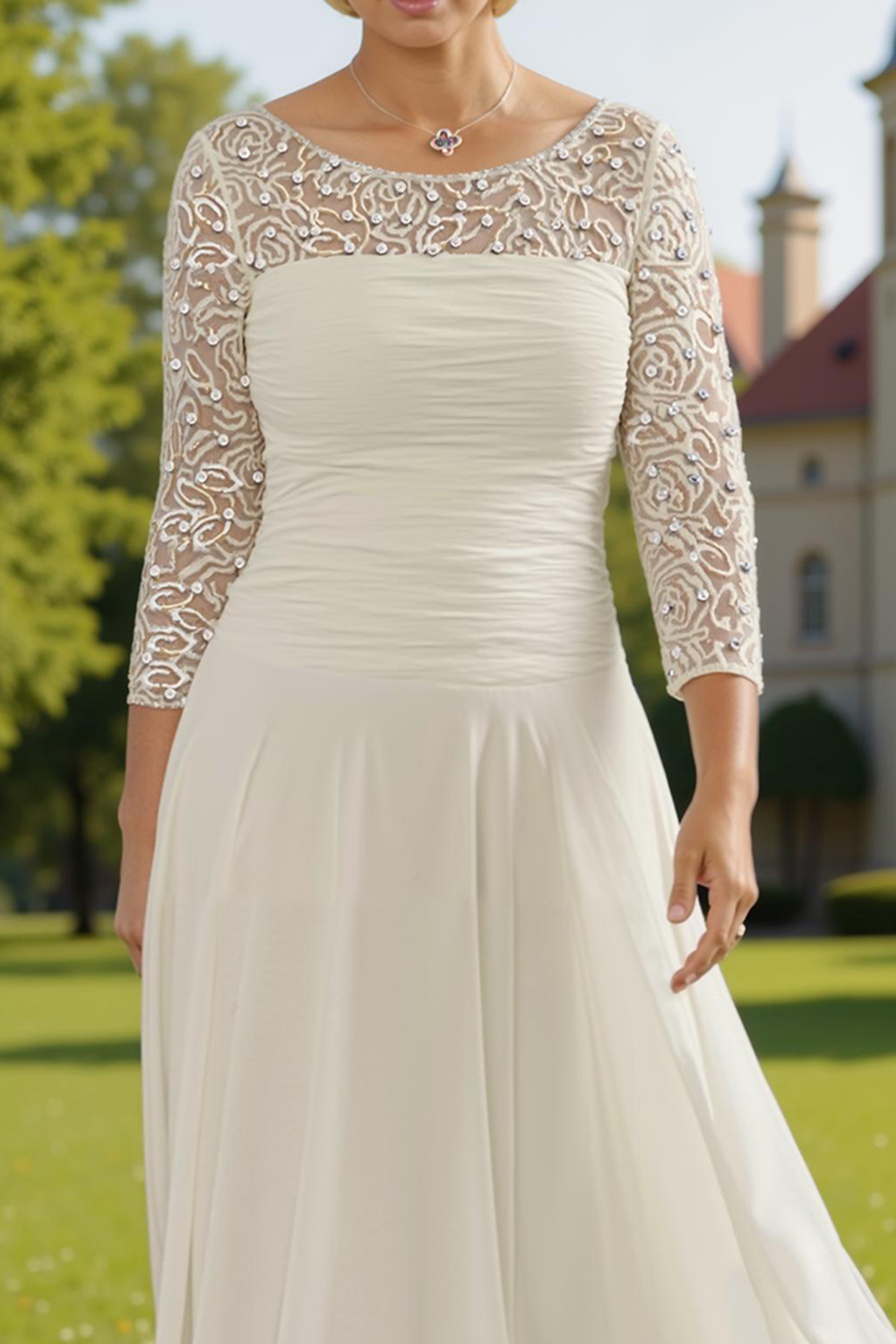 Sparkly White A Line Boat Neck Ankle-Length Mother of the Bride Dress