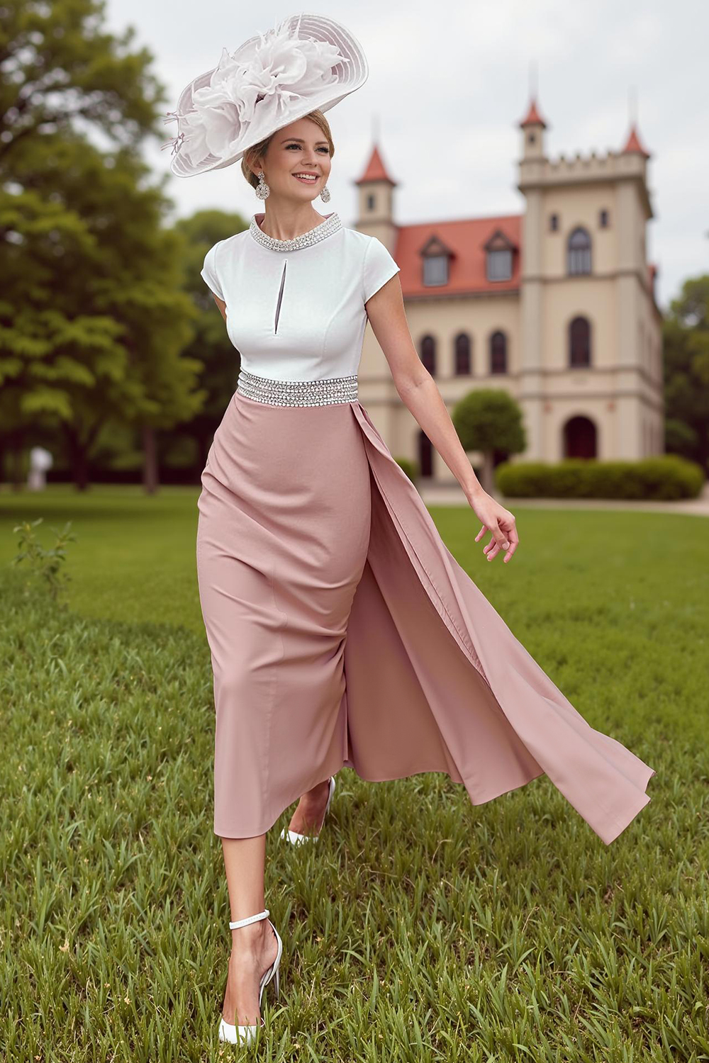 Dusty Rose Mermaid Beaded Tea-Length Mother of the Bride Dress with Cape