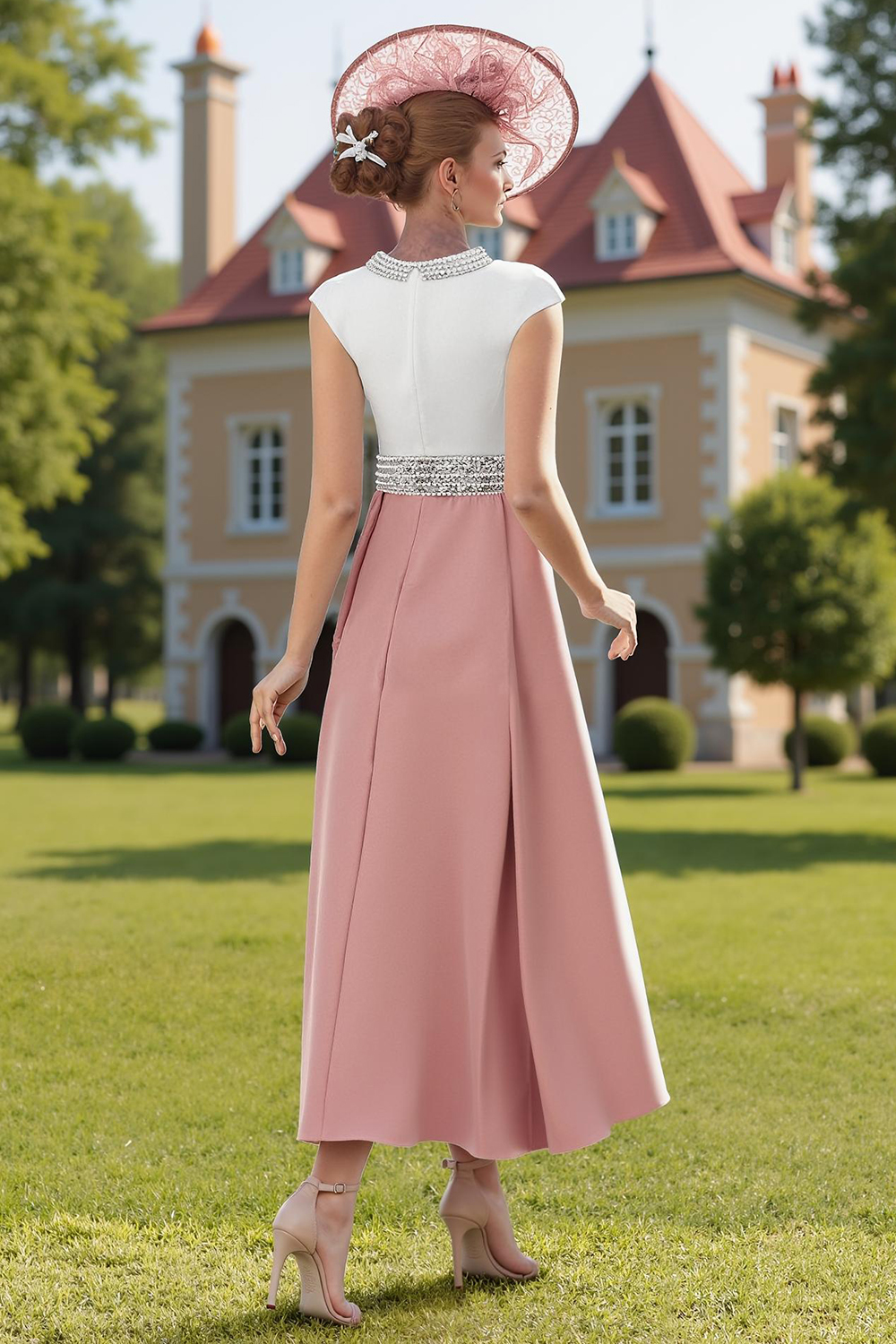 Dusty Rose Mermaid Beaded Tea-Length Mother of the Bride Dress with Cape