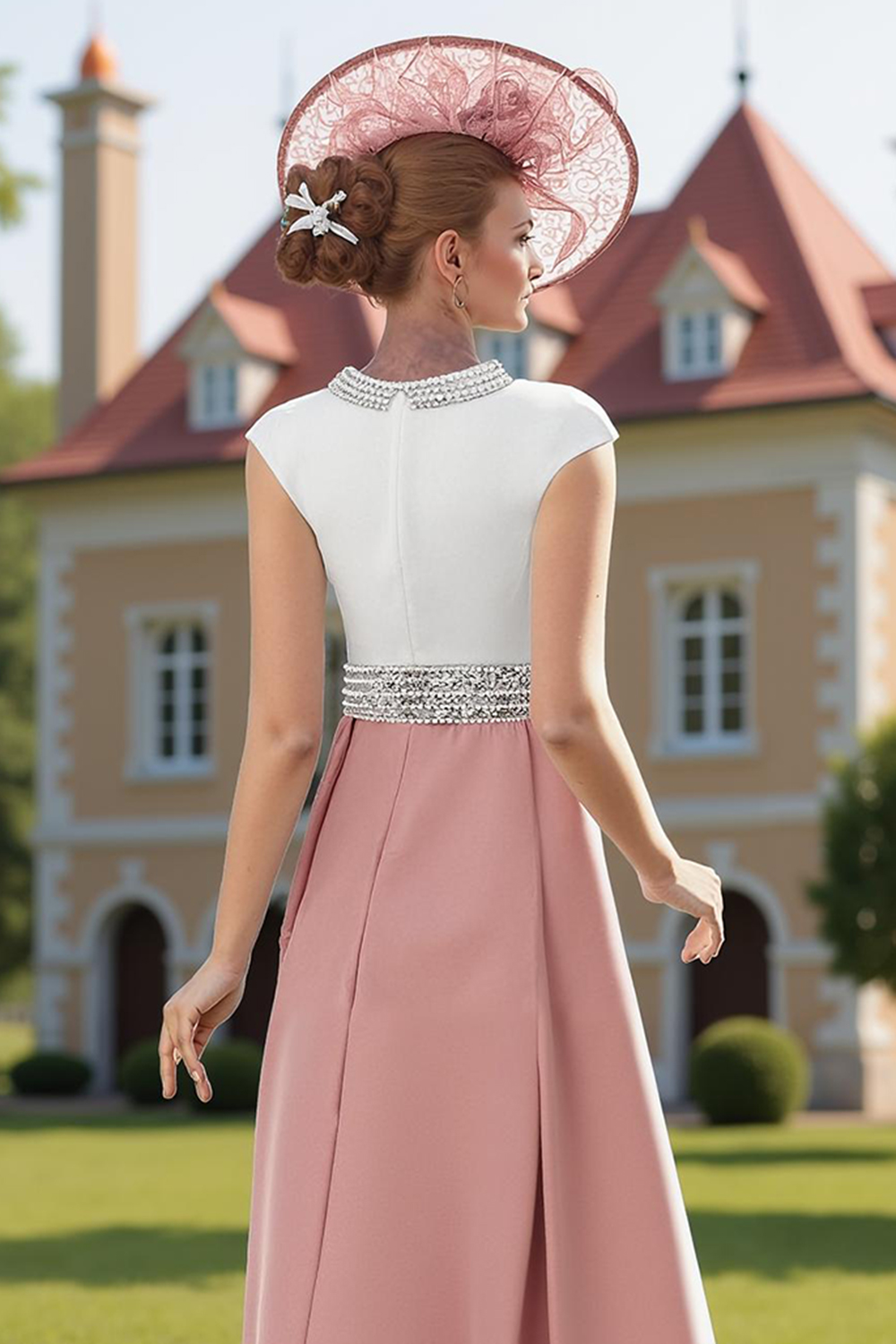 Dusty Rose Mermaid Beaded Tea-Length Mother of the Bride Dress with Cape