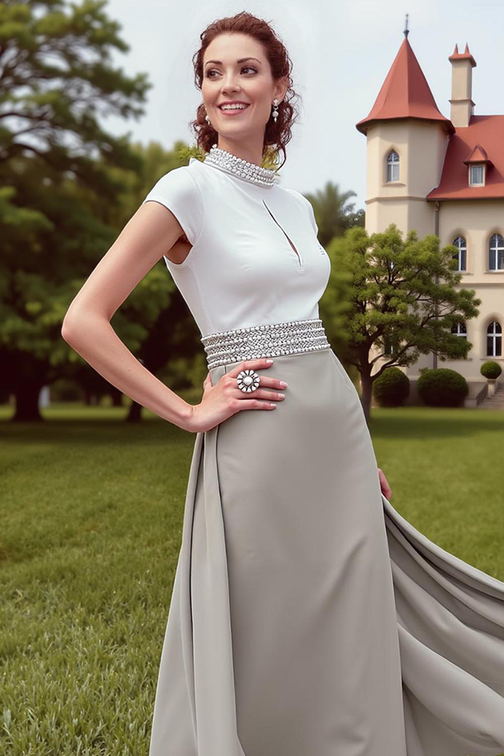 Dusty Rose Mermaid Beaded Tea-Length Mother of the Bride Dress with Cape