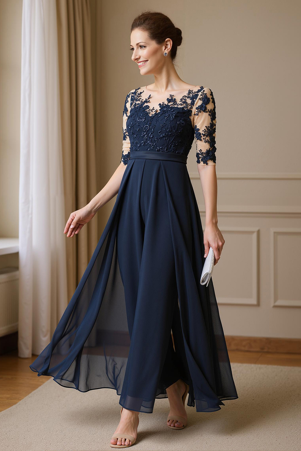 Navy Boat Neck Sheath Ankle-Length Mother of the Bride Dress with Cape