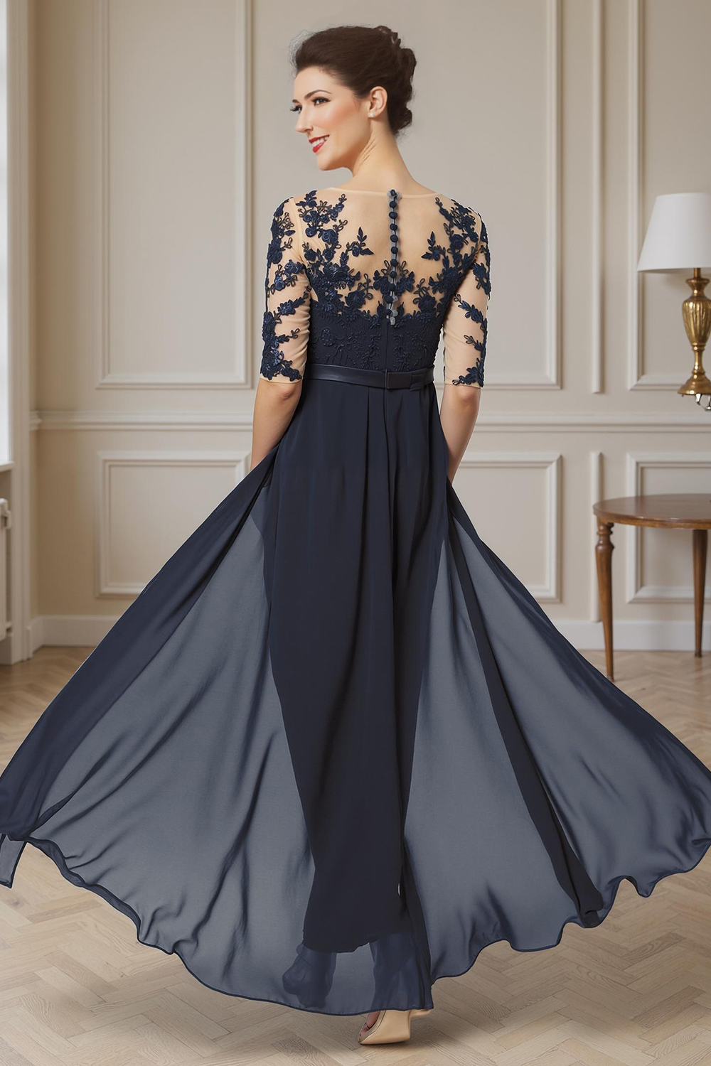 Navy Boat Neck Sheath Ankle-Length Mother of the Bride Dress with Cape