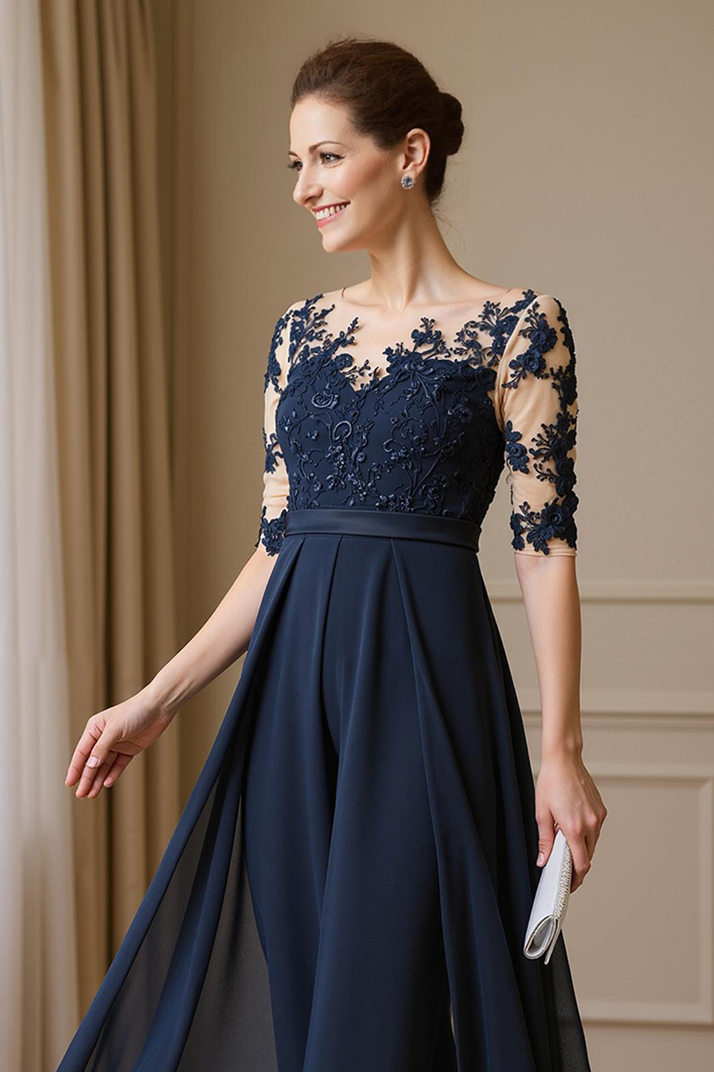 Navy Boat Neck Sheath Ankle-Length Mother of the Bride Dress with Cape