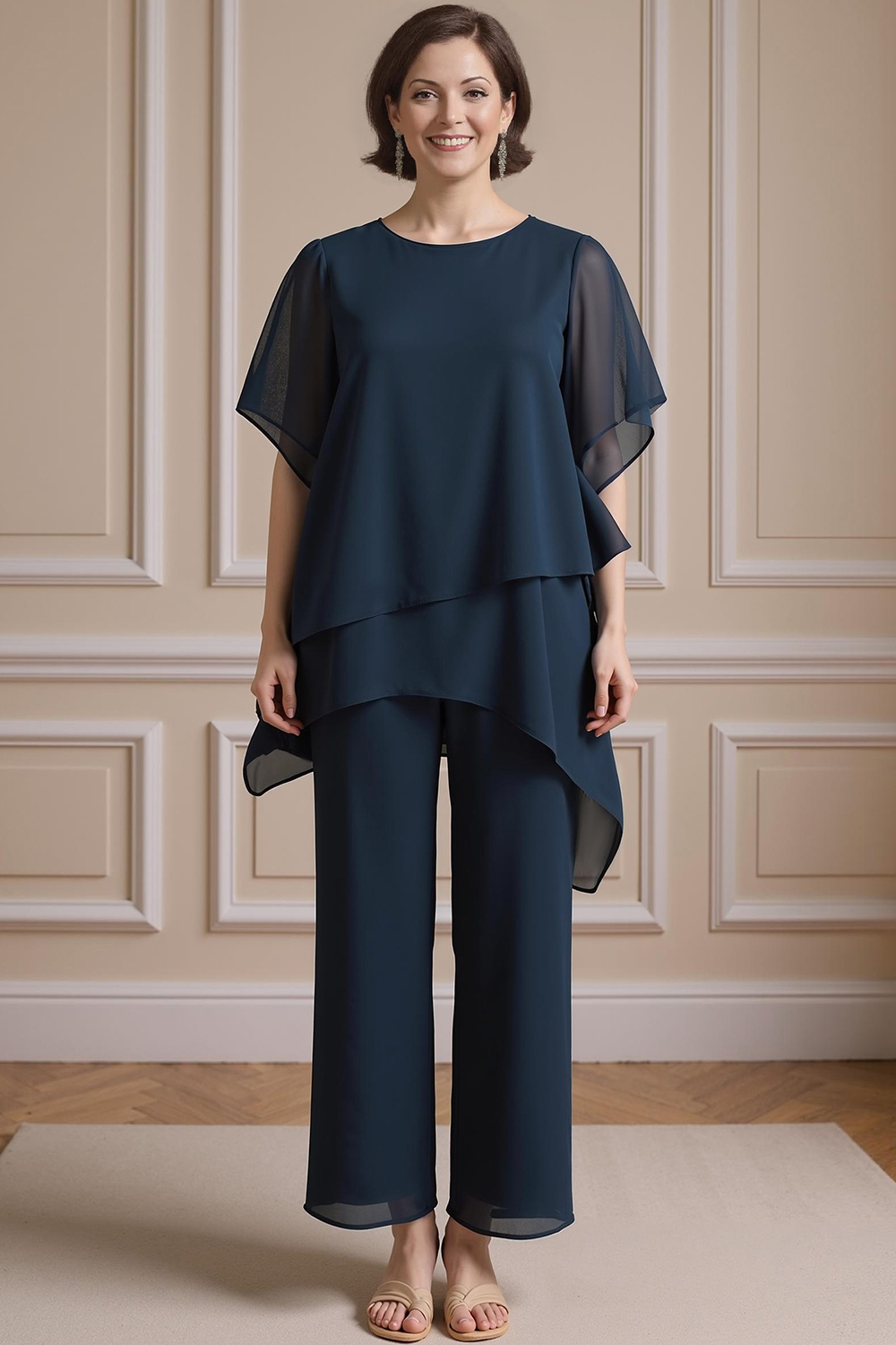 Navy Boat Neck Chiffon 2-Piece Mother of the Bride Pants Suit