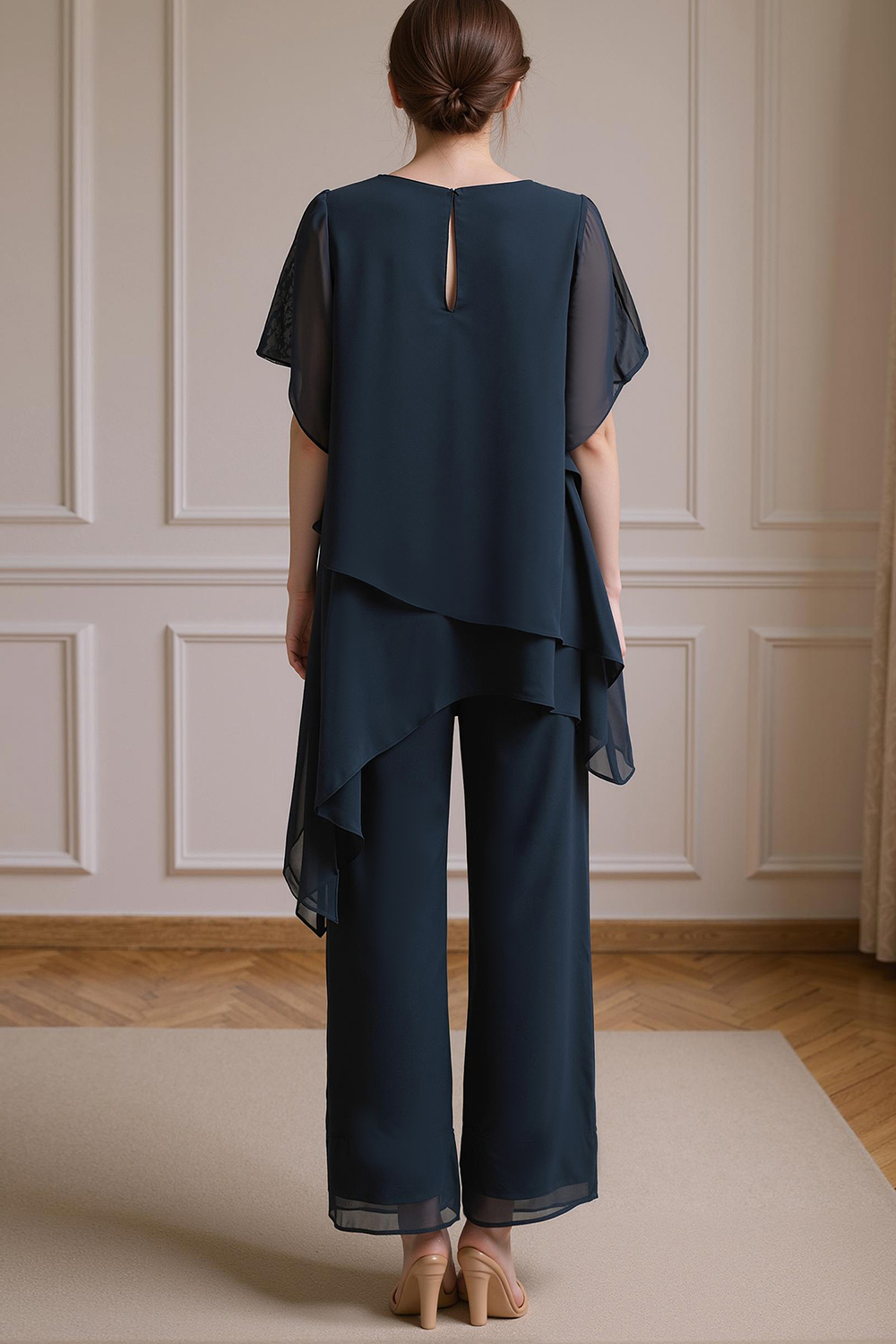 Navy Boat Neck Chiffon 2-Piece Mother of the Bride Pants Suit