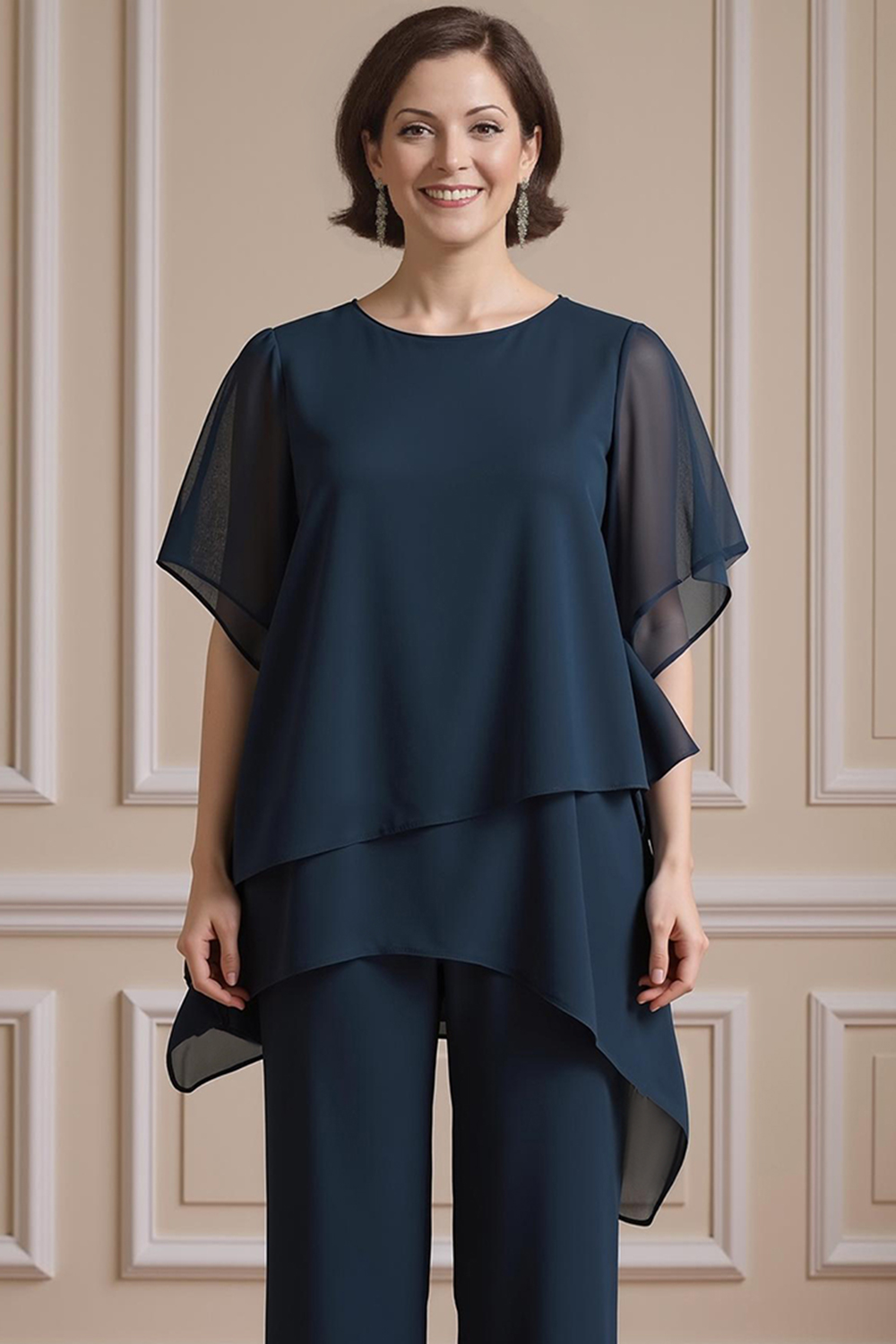 Navy Boat Neck Chiffon 2-Piece Mother of the Bride Pants Suit