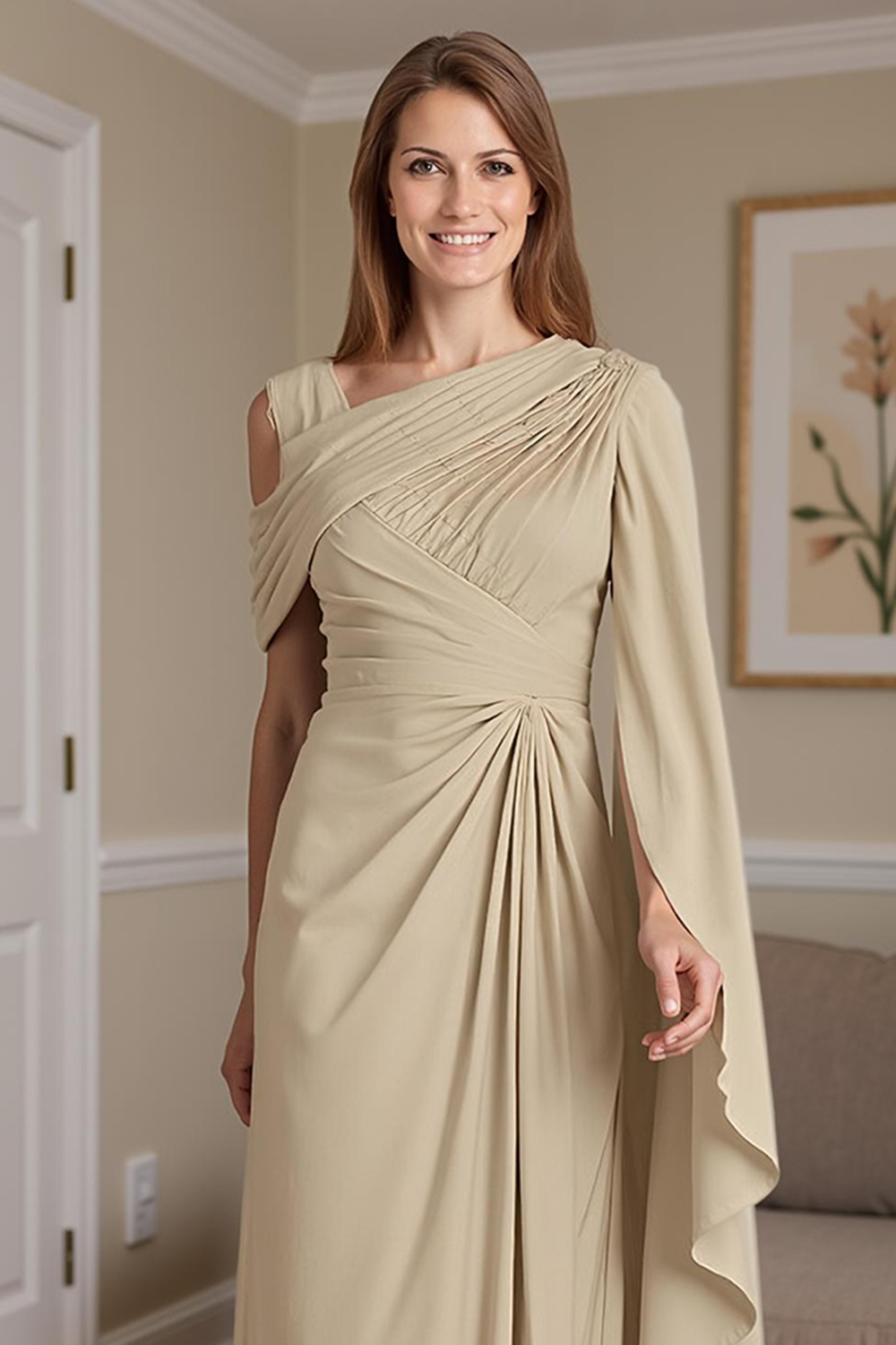 Navy One Shoulder Sheath Floor-Length Mother of the Bride Dress with Side Cape