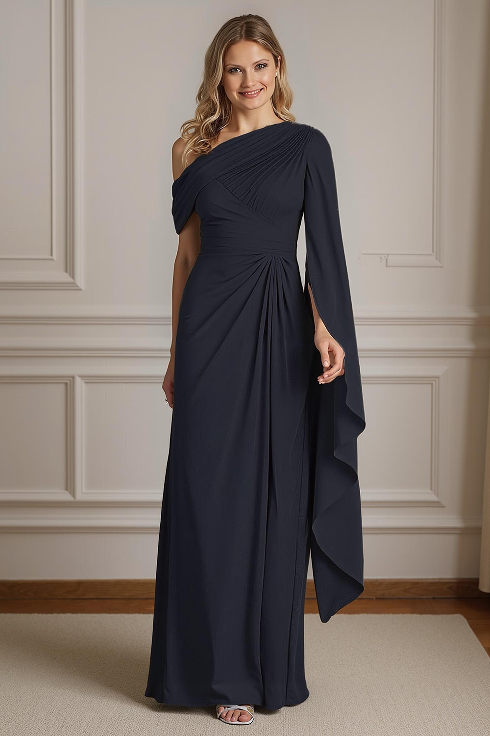 Navy One Shoulder Sheath Floor-Length Mother of the Bride Dress