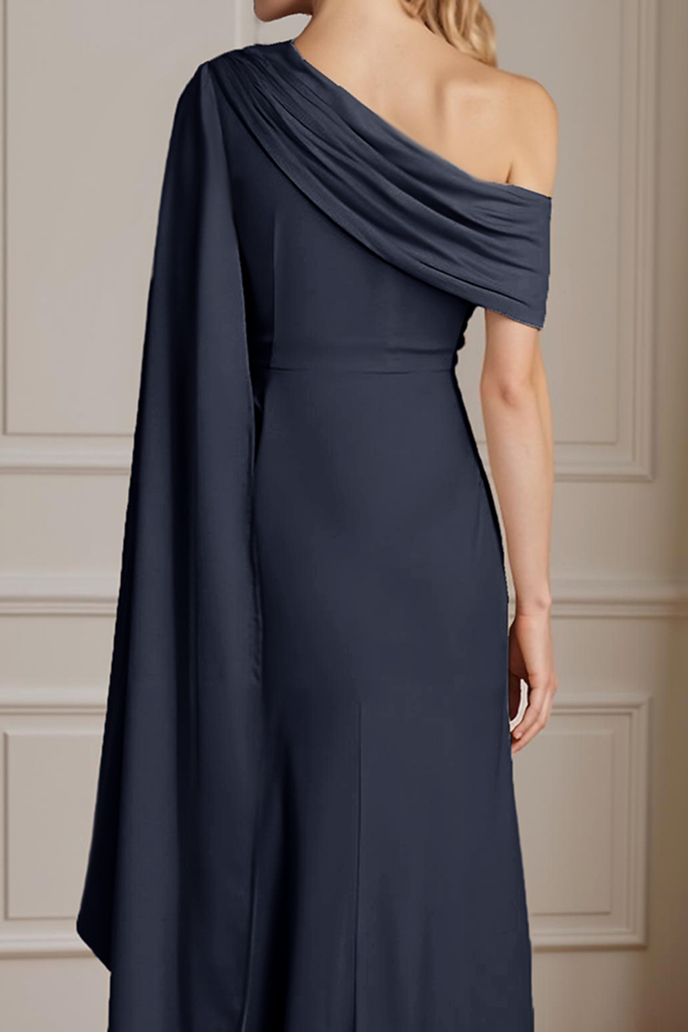 Navy One Shoulder Sheath Floor-Length Mother of the Bride Dress