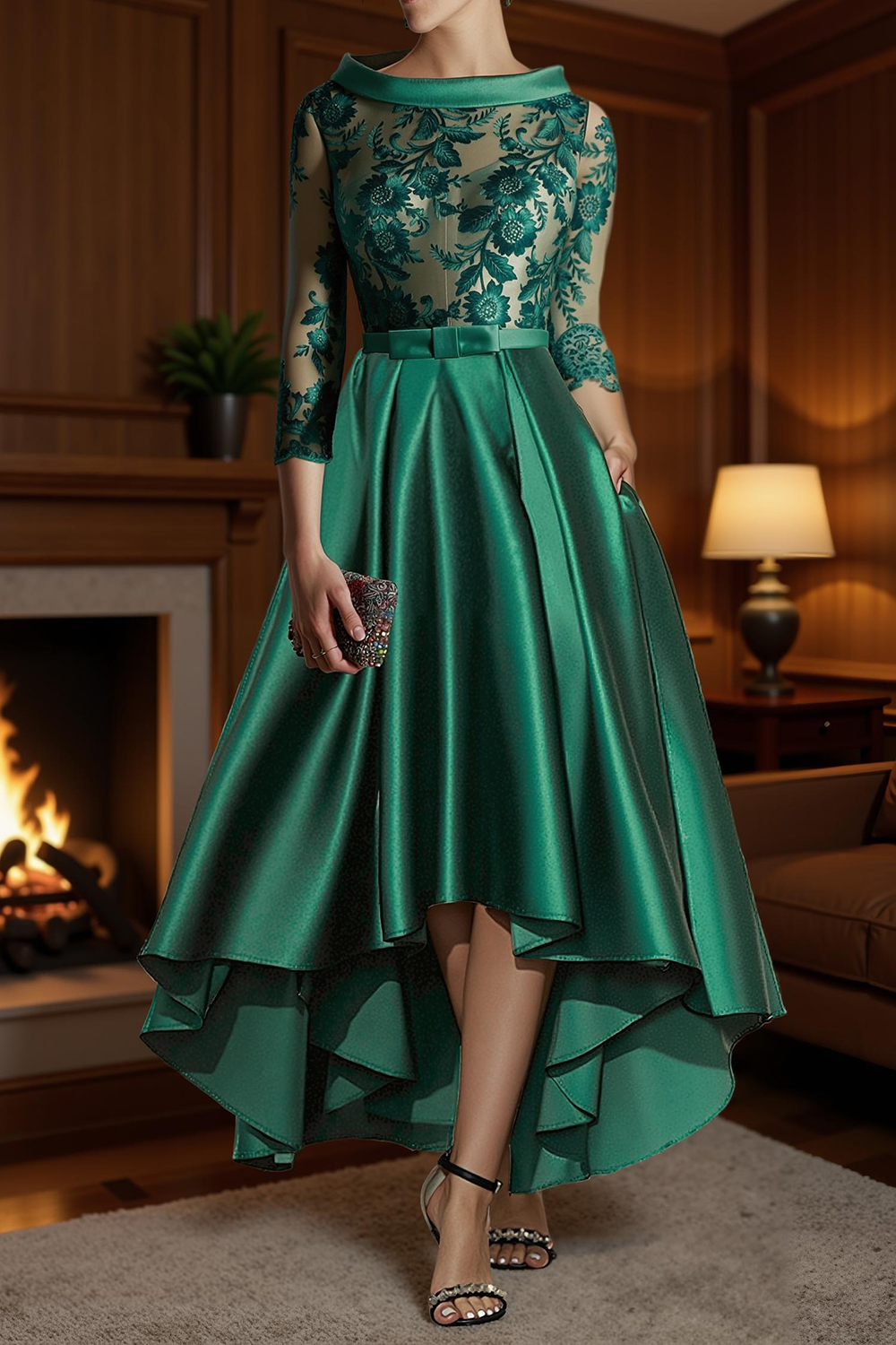 Dark Green A Line Bateau Neck High-Low Mother of the Bride Dress