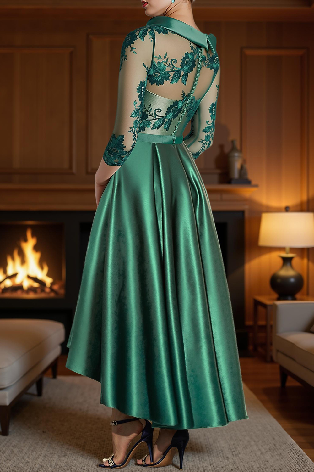 Dark Green A Line Bateau Neck High-Low Mother of the Bride Dress