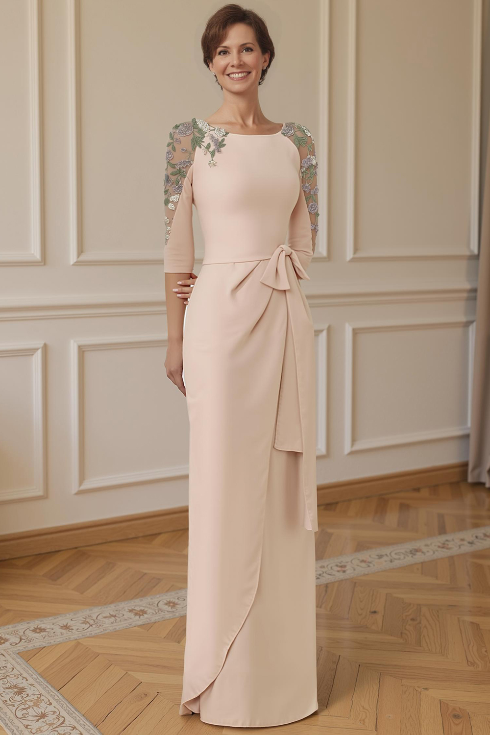 Apricot Boat Neck Sheath Floor-Length Mother of the Bride Dress