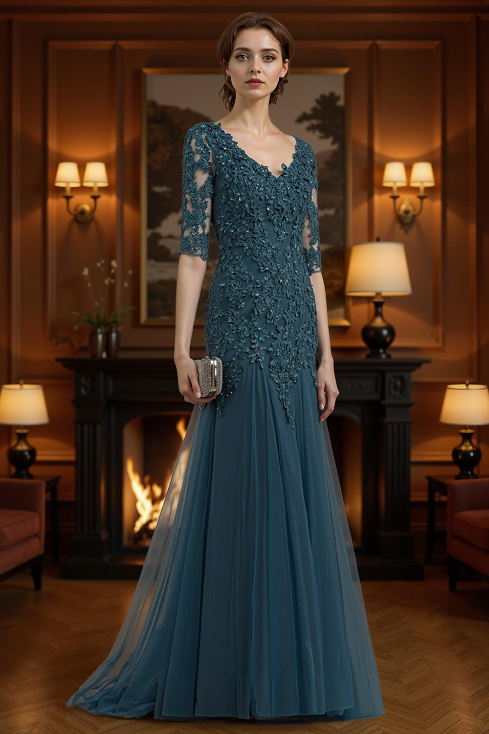 Ink Blue V-Neck A Line Floor-Length Mother of the Bride Dress with Lace