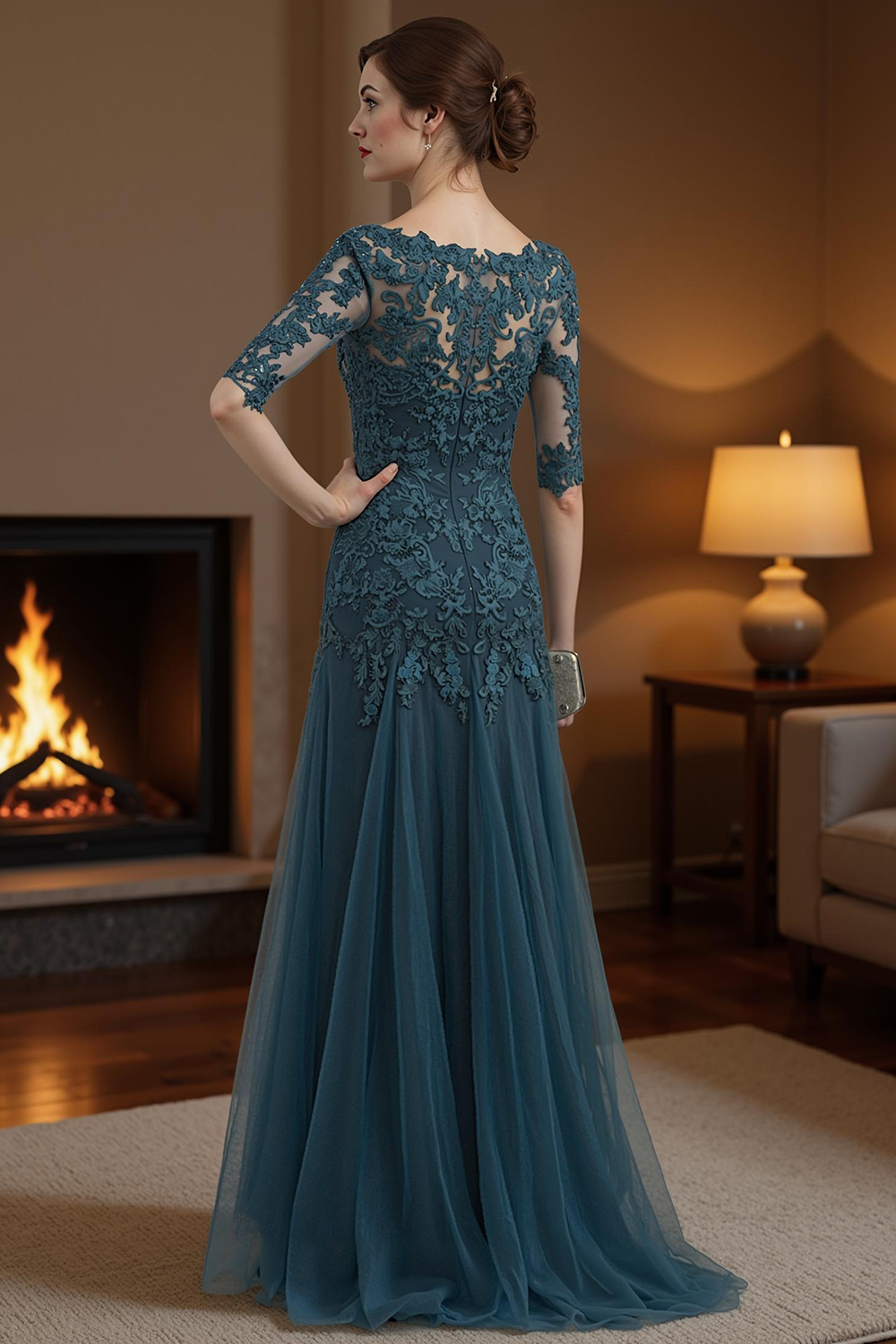 Ink Blue V-Neck A Line Floor-Length Mother of the Bride Dress with Lace