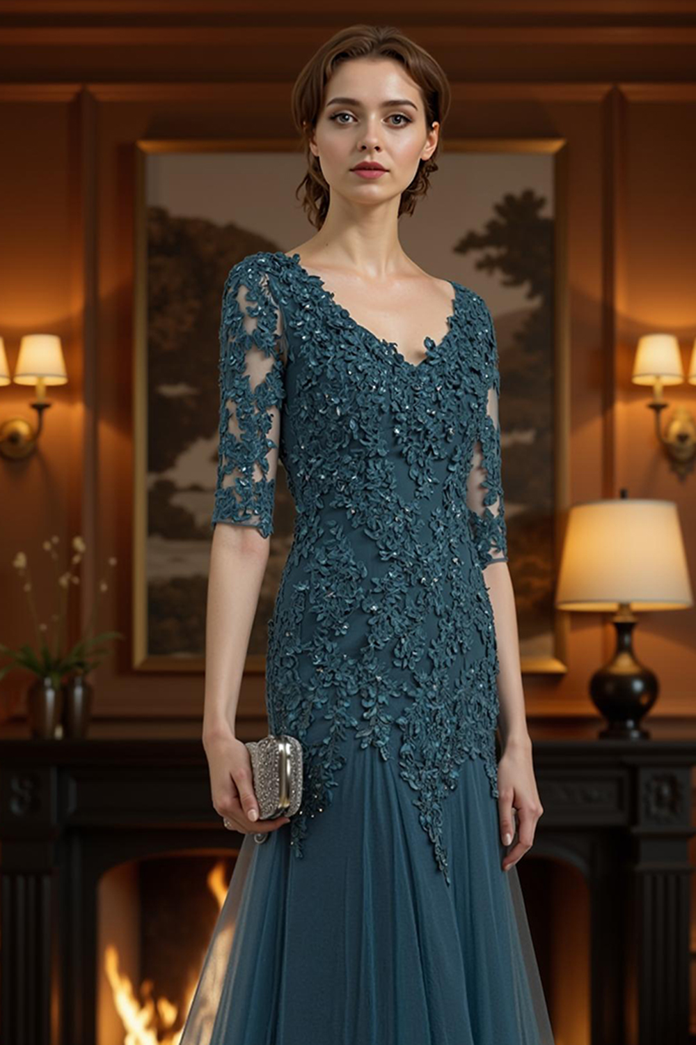 Ink Blue V-Neck A Line Floor-Length Mother of the Bride Dress with Lace