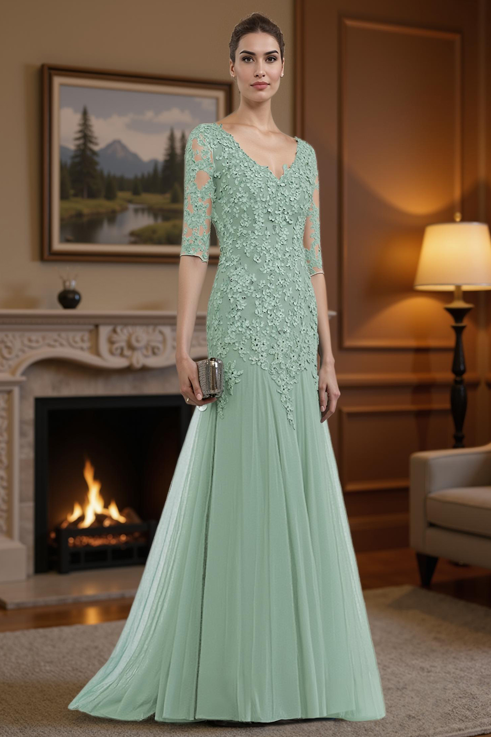 Ink Blue V-Neck A Line Floor-Length Mother of the Bride Dress with Lace