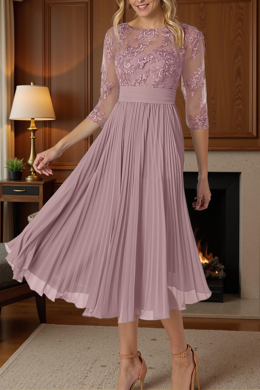 Dusty Rose A Line Boat Neck Tea-Length Mother of the Bride Dress