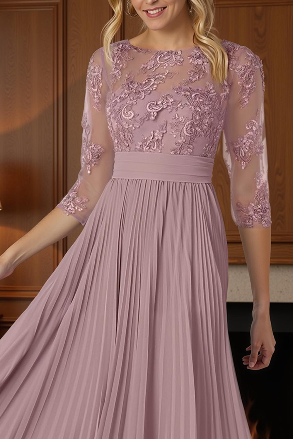 Dusty Rose A Line Boat Neck Tea-Length Mother of the Bride Dress