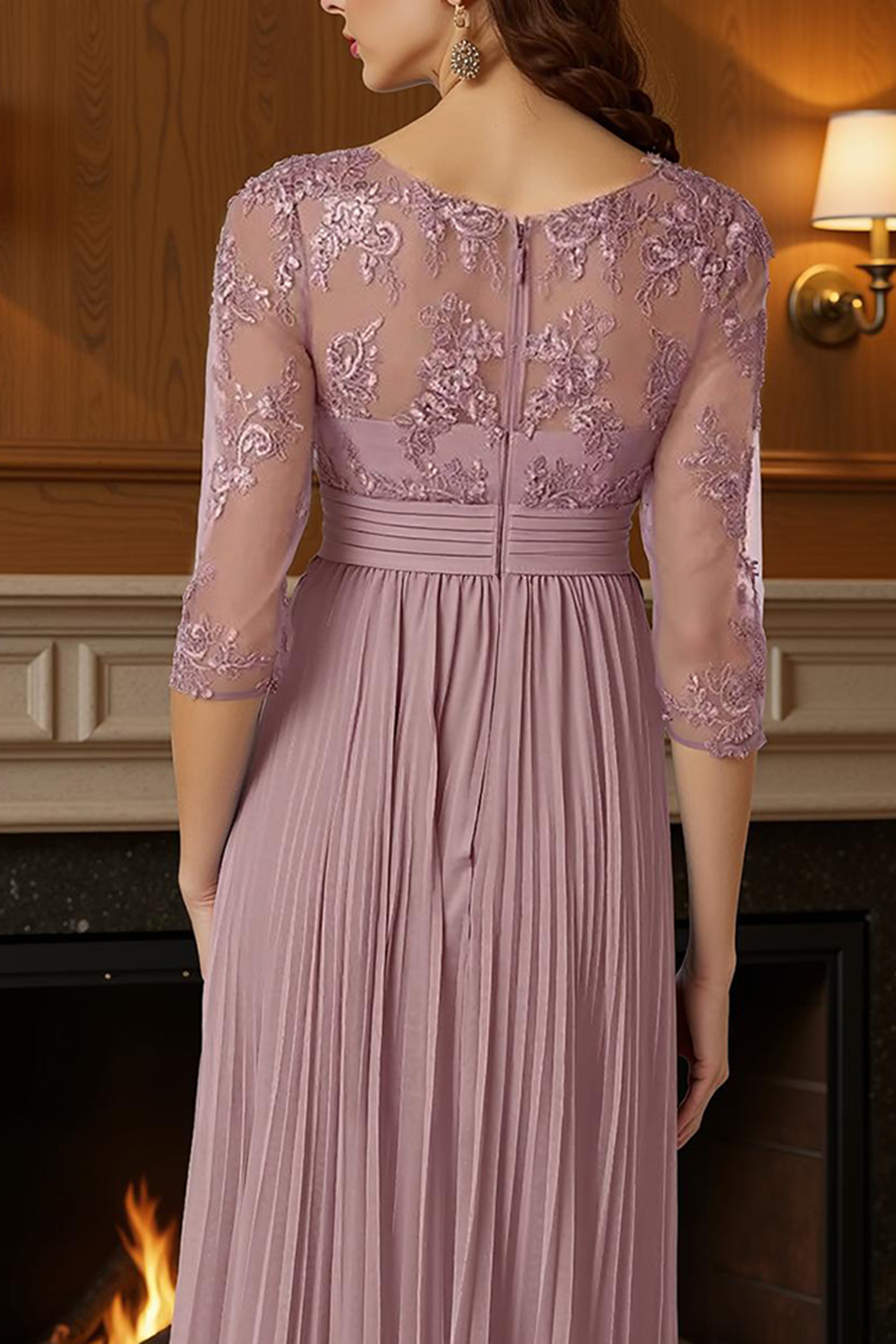 Dusty Rose A Line Boat Neck Tea-Length Mother of the Bride Dress