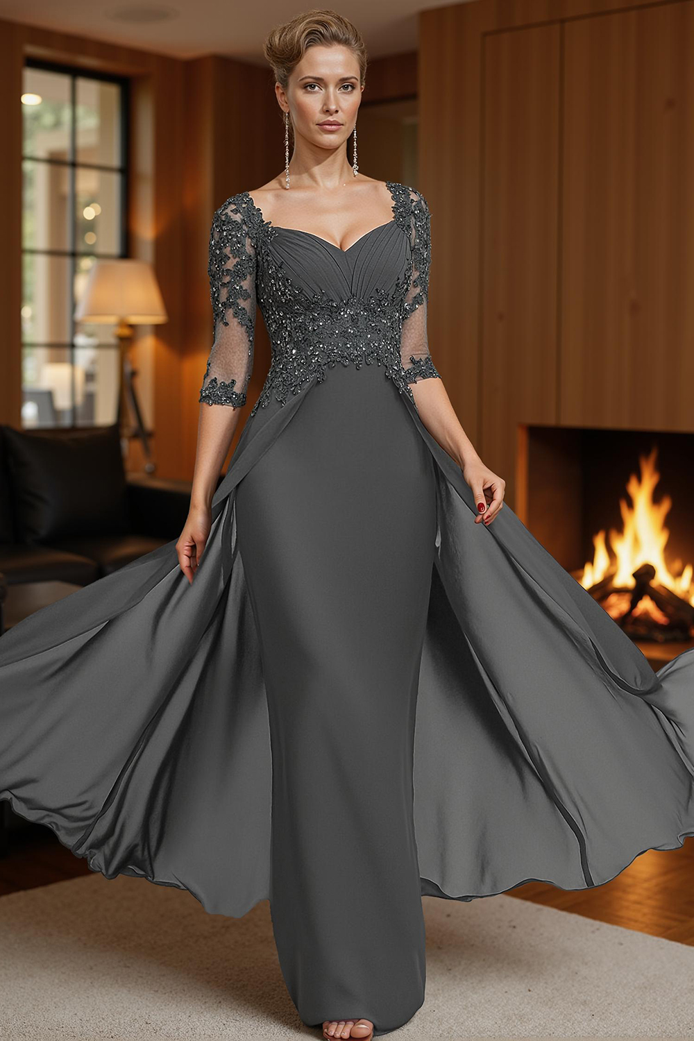 Steel Grey Square Neck Sheath Floor-Length Mother of the Bride Dress with Cape