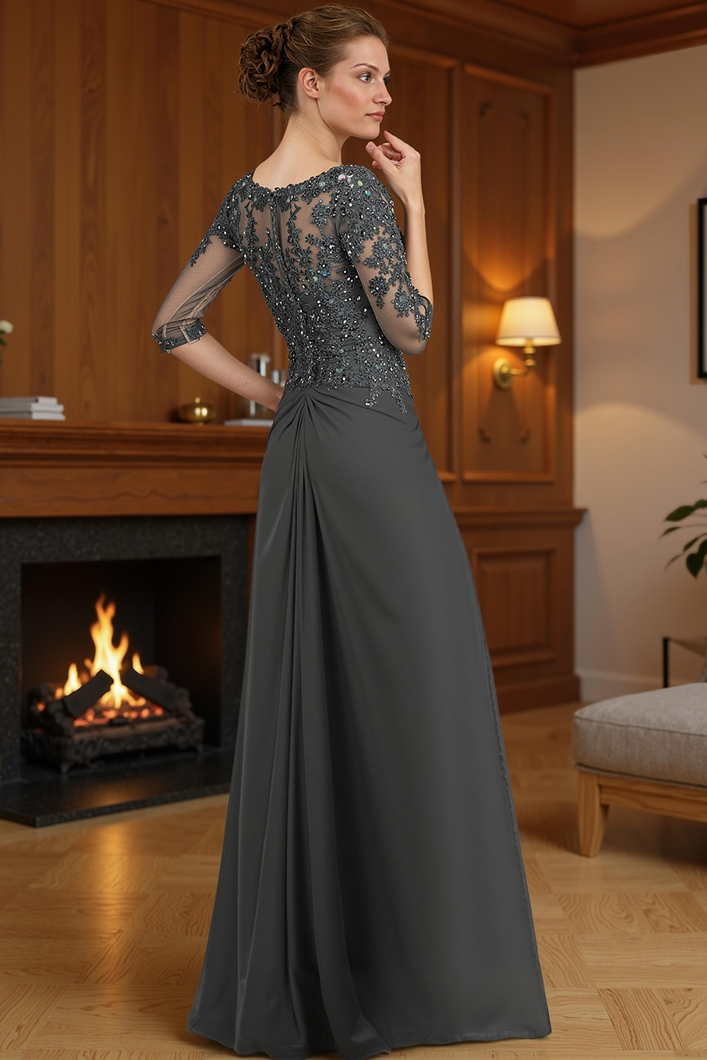 Steel Grey Square Neck Sheath Floor-Length Mother of the Bride Dress with Cape