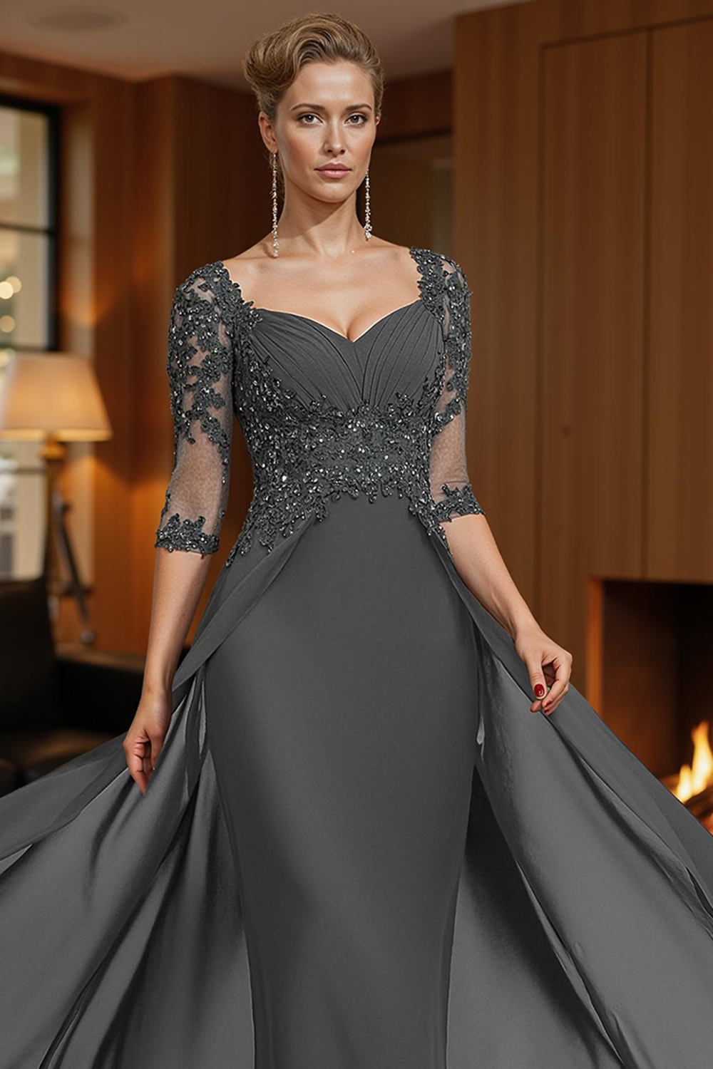 Steel Grey Square Neck Sheath Floor-Length Mother of the Bride Dress with Cape