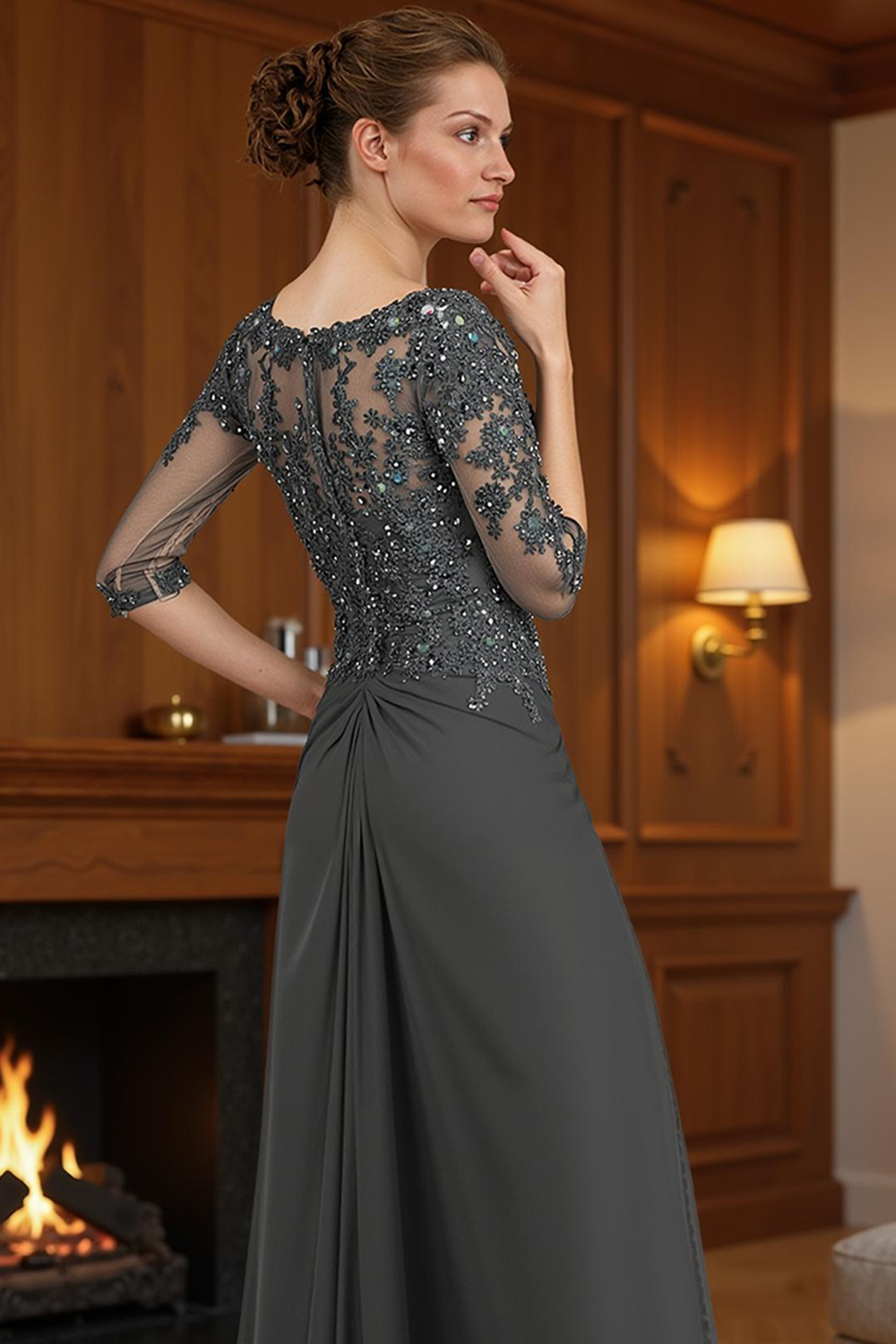 Steel Grey Square Neck Sheath Floor-Length Mother of the Bride Dress with Cape