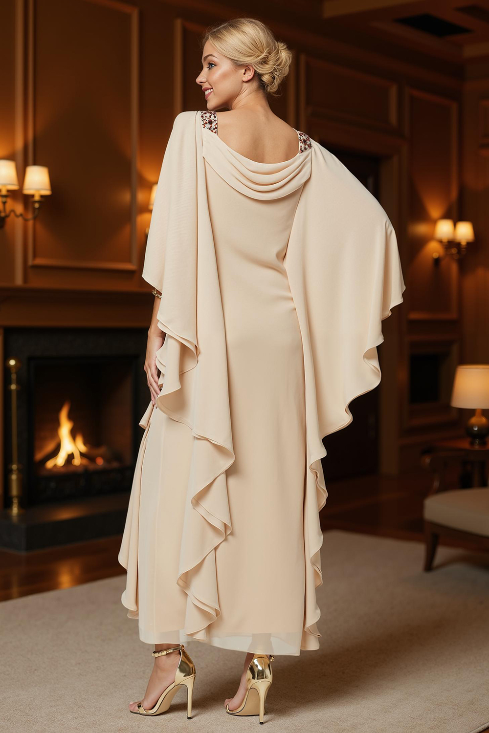 Champagne Cowl Neck Sheath Ankle-Length Mother of the Bride Dress