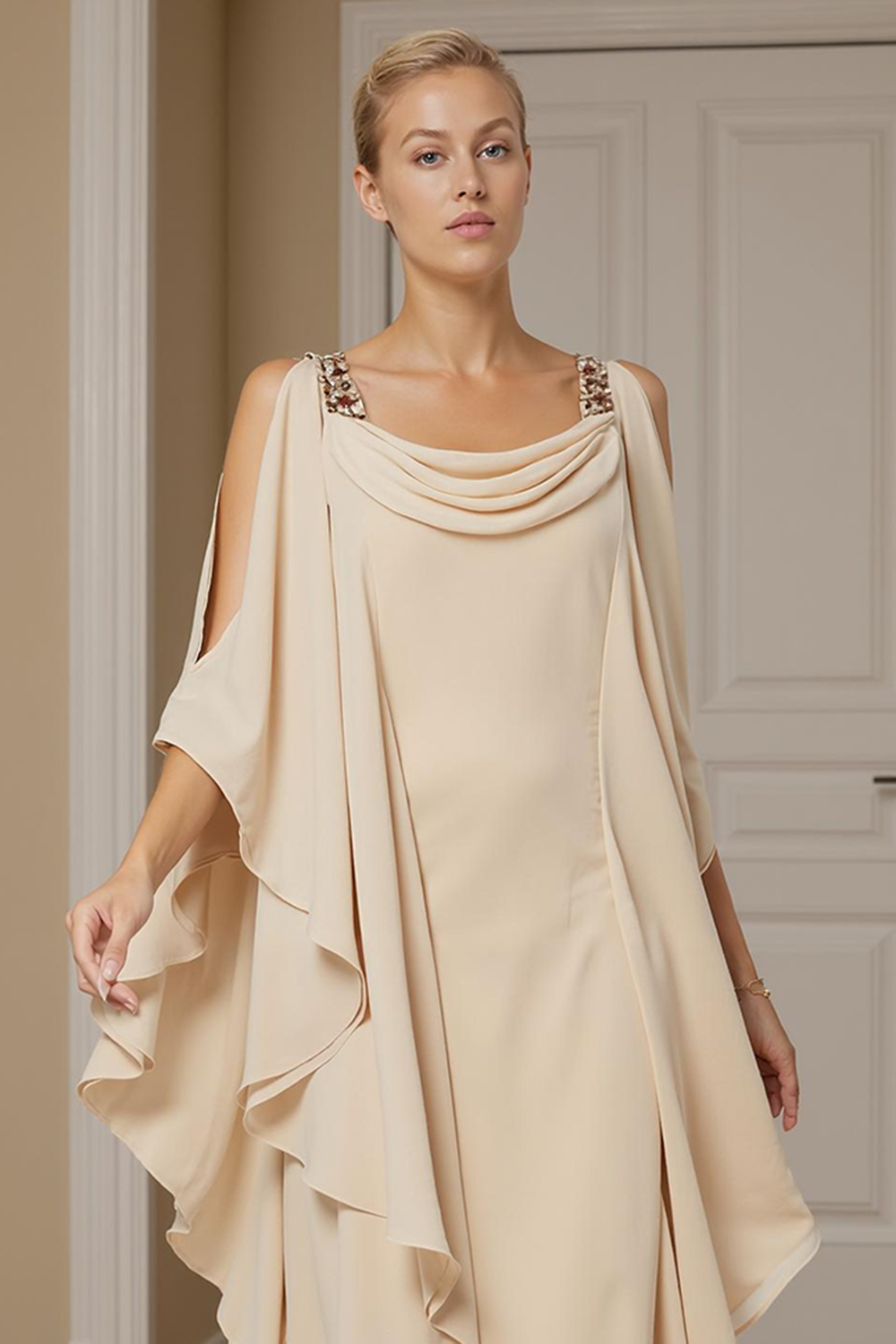 Champagne Cowl Neck Sheath Ankle-Length Mother of the Bride Dress
