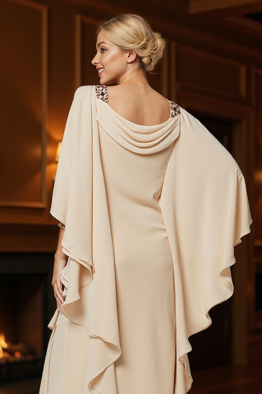 Champagne Cowl Neck Sheath Ankle-Length Mother of the Bride Dress