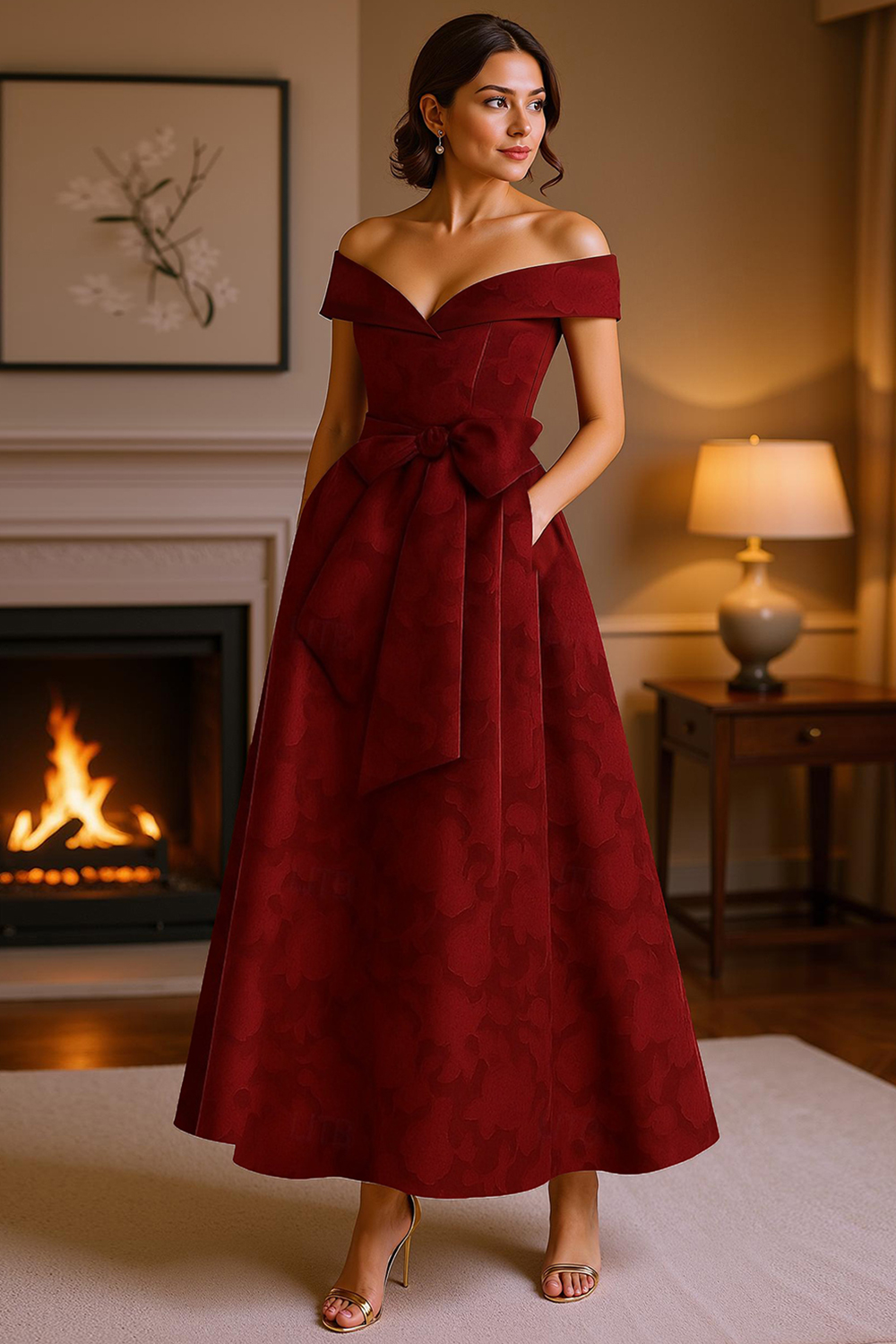 Navy Off the Shoulder A Line Ankle-Length Mother of the Bride Dress with Bow