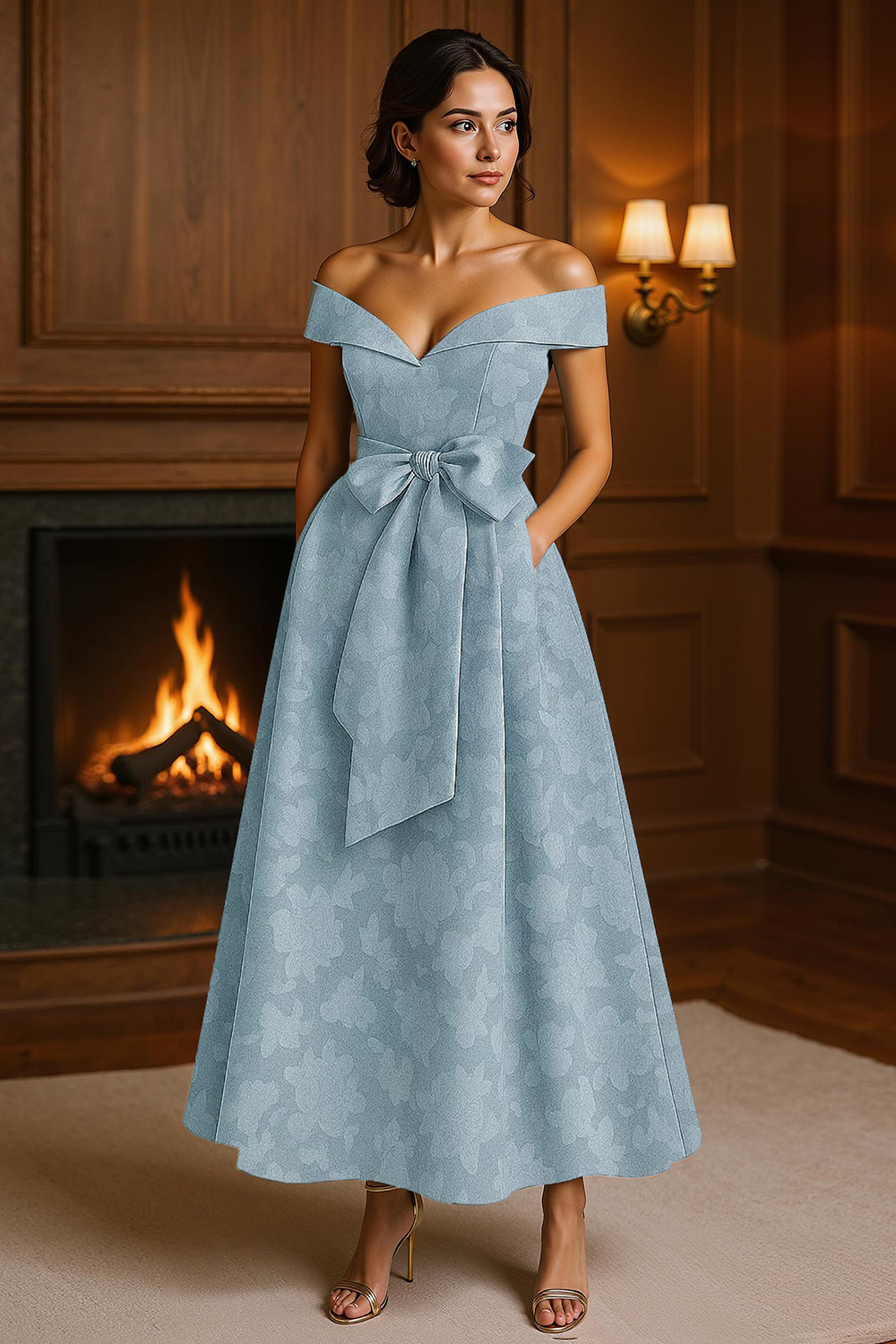 Navy Off the Shoulder A Line Ankle-Length Mother of the Bride Dress with Bow