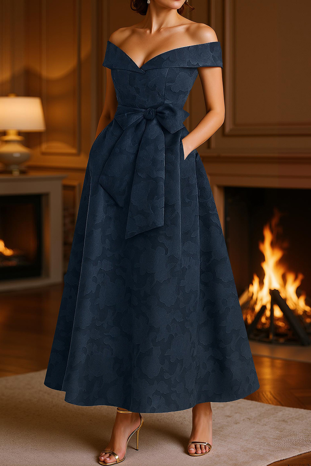Navy Off the Shoulder A Line Ankle-Length Mother of the Bride Dress with Bow