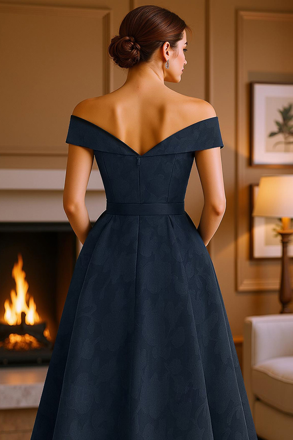 Navy Off the Shoulder A Line Ankle-Length Mother of the Bride Dress with Bow