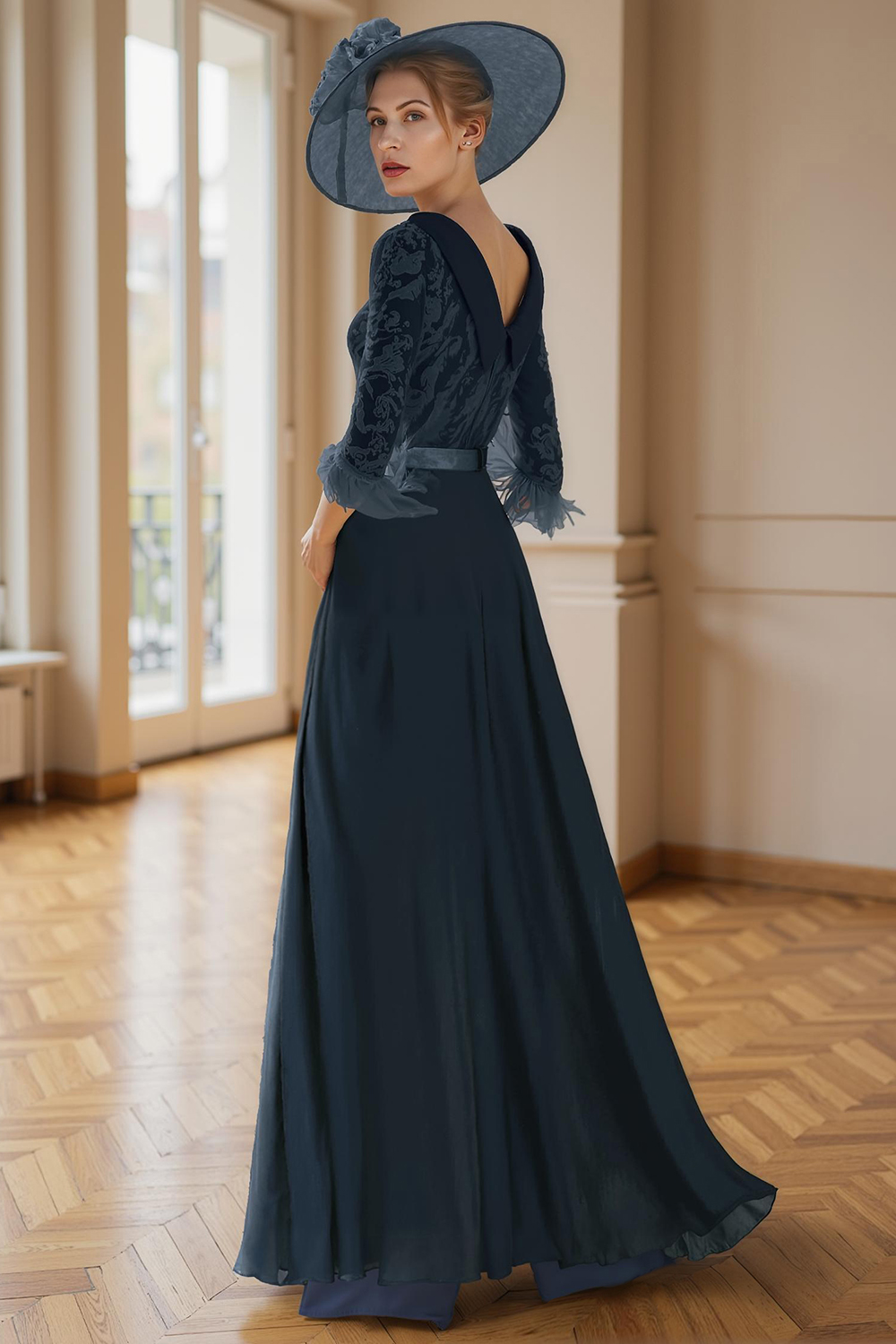 Navy Feathered Boat Neck Floor-Length Mother of the Bride Jumpsuits with Cape