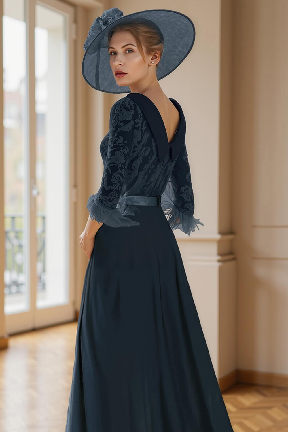 Navy Feathered Boat Neck Floor-Length Mother of the Bride Jumpsuits with Cape