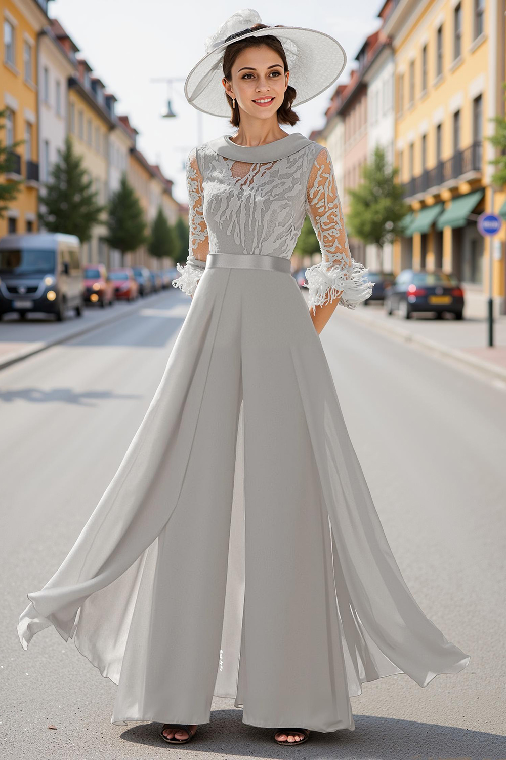 Navy Feathered Boat Neck Floor-Length Mother of the Bride Jumpsuits with Cape