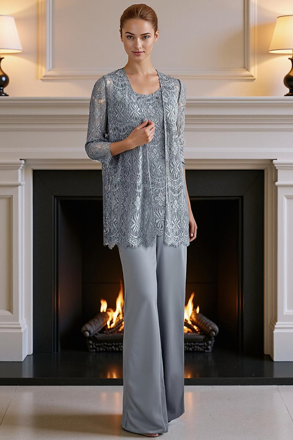 Steel Grey Lace 3 Piece Floor-Length Mother of the Bride Pant Suits with Jacket
