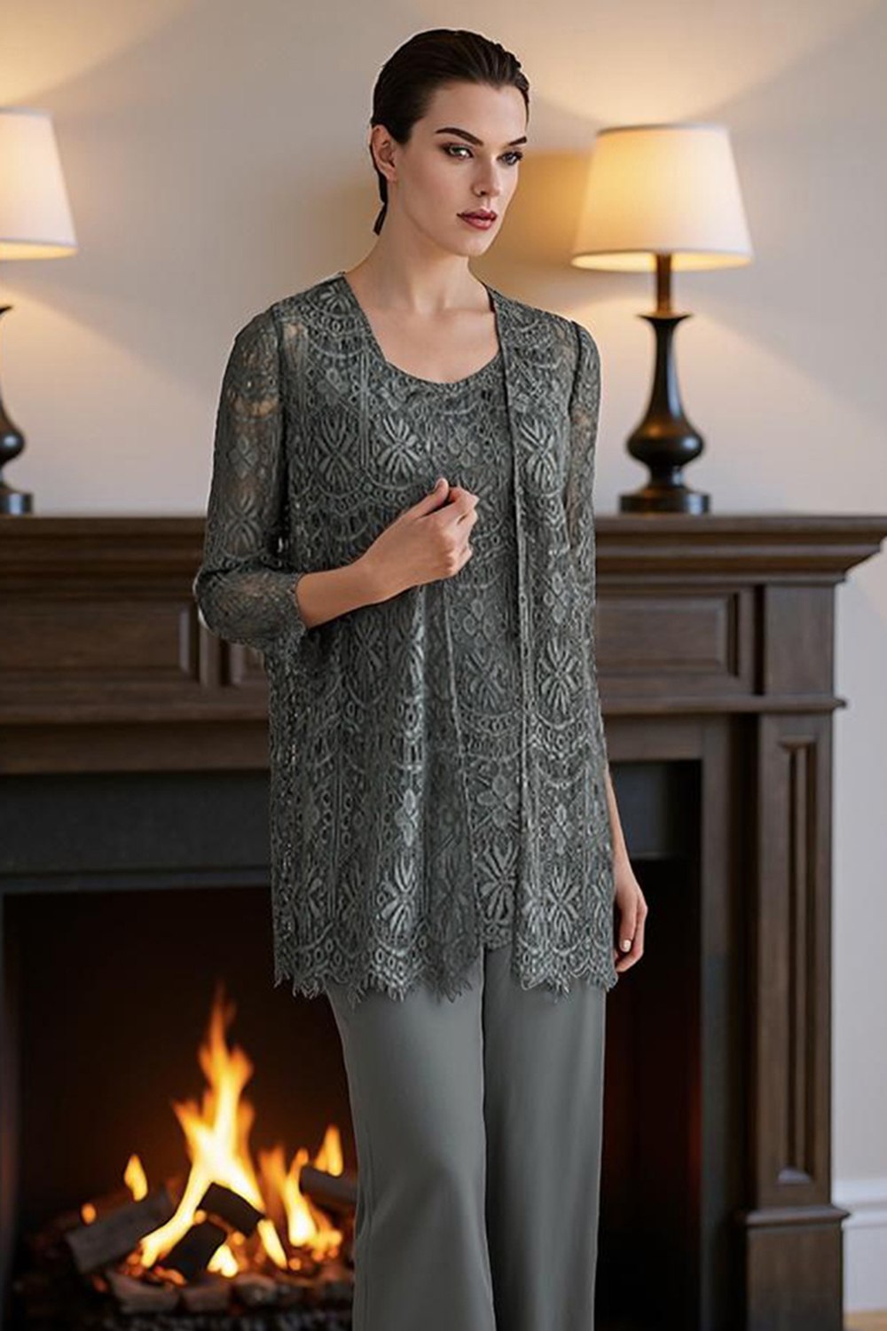 Steel Grey Lace 3 Piece Floor-Length Mother of the Bride Pant Suits with Jacket